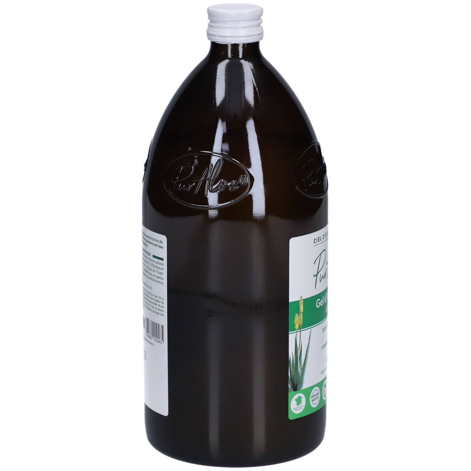 Bouteille en verre brun, bouchon blanc. Étiquette avec texte et code-barres. Vue arrière.