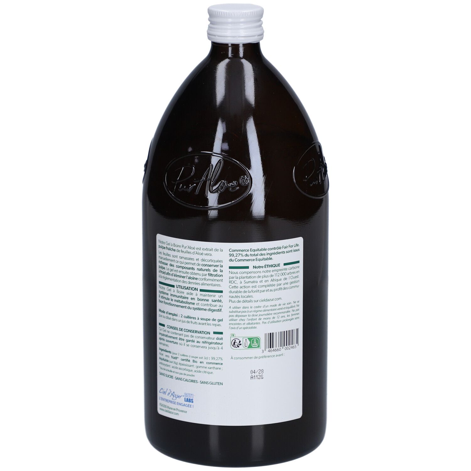 Bouteille en verre brun, bouchon blanc. Dos avec texte et code-barres. Certification bio.