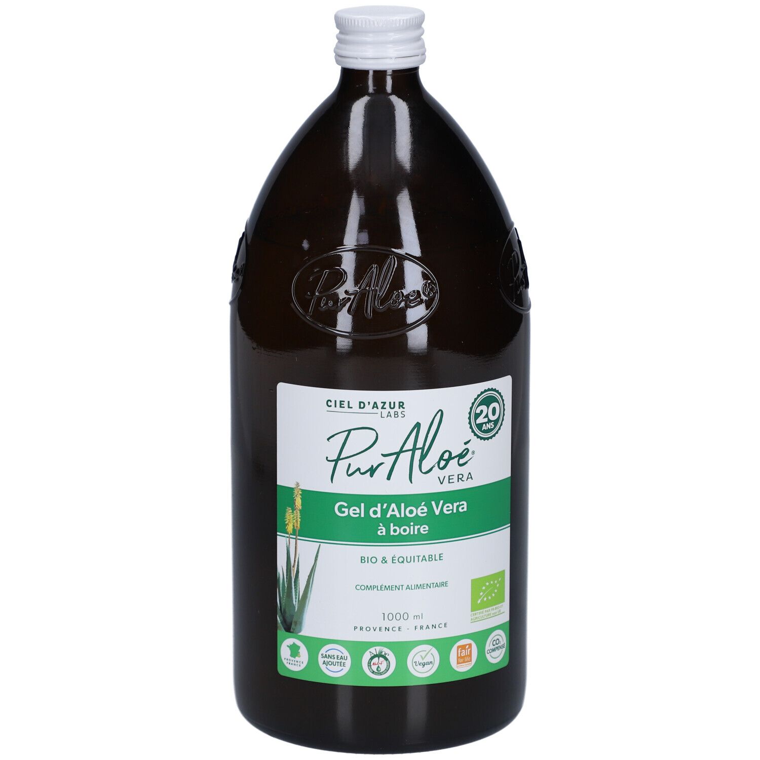 Bouteille en verre brun, bouchon blanc. Étiquette: Gel d'Aloé Vera à boire. Certification bio.