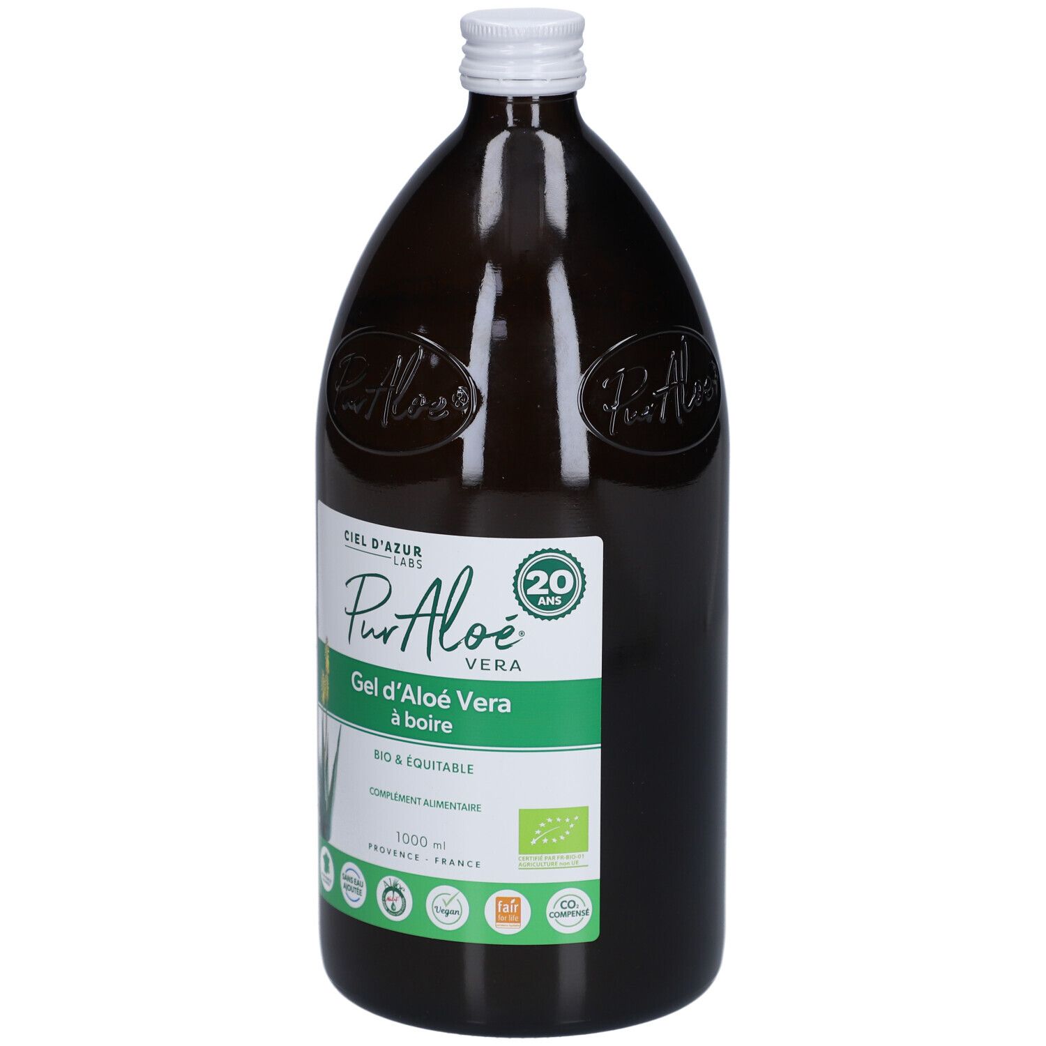 Bouteille en verre brun, bouchon blanc. Étiquette: Gel d'Aloé Vera à boire. Certification bio.