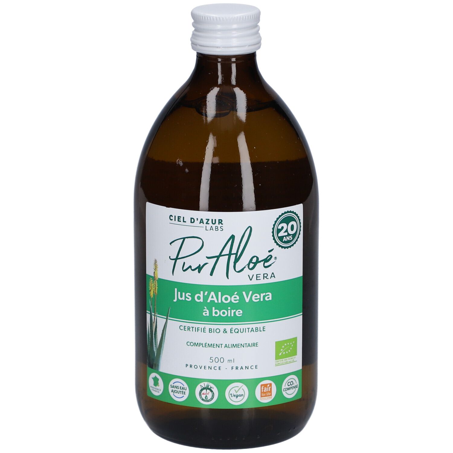 Bouteille en verre brun avec bouchon blanc. Étiquette avec nom et logo du produit. Certification bio.