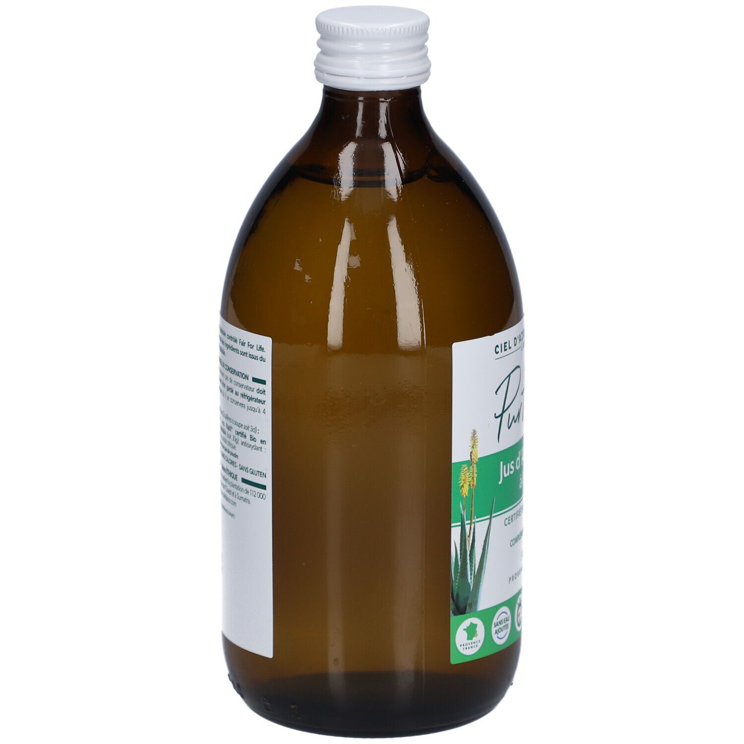 Bouteille en verre brun avec bouchon blanc. Étiquette au dos avec texte. Certification bio.