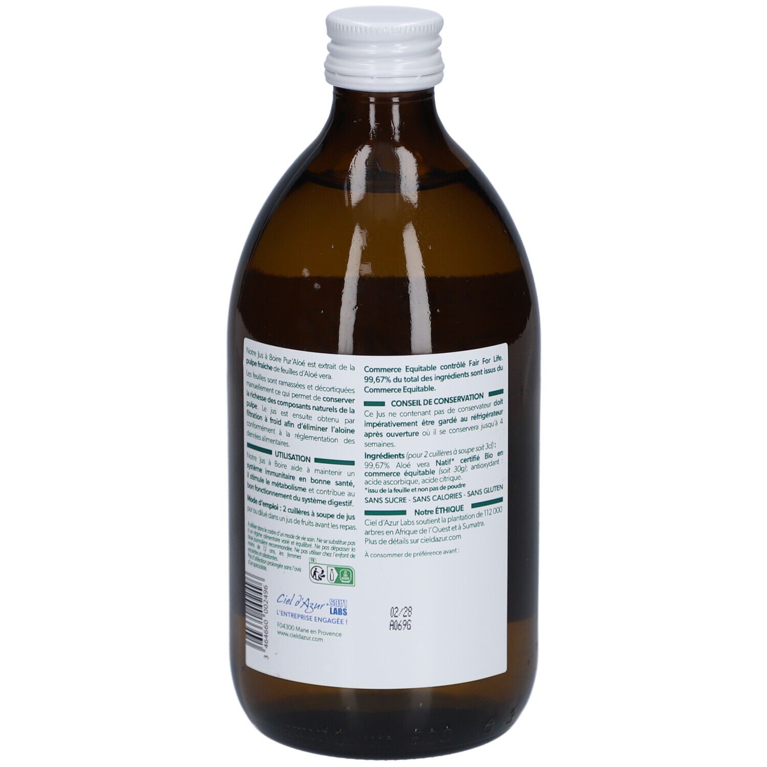 Bouteille en verre brun avec bouchon blanc. Étiquette arrière avec texte. Certification bio et date de péremption.
