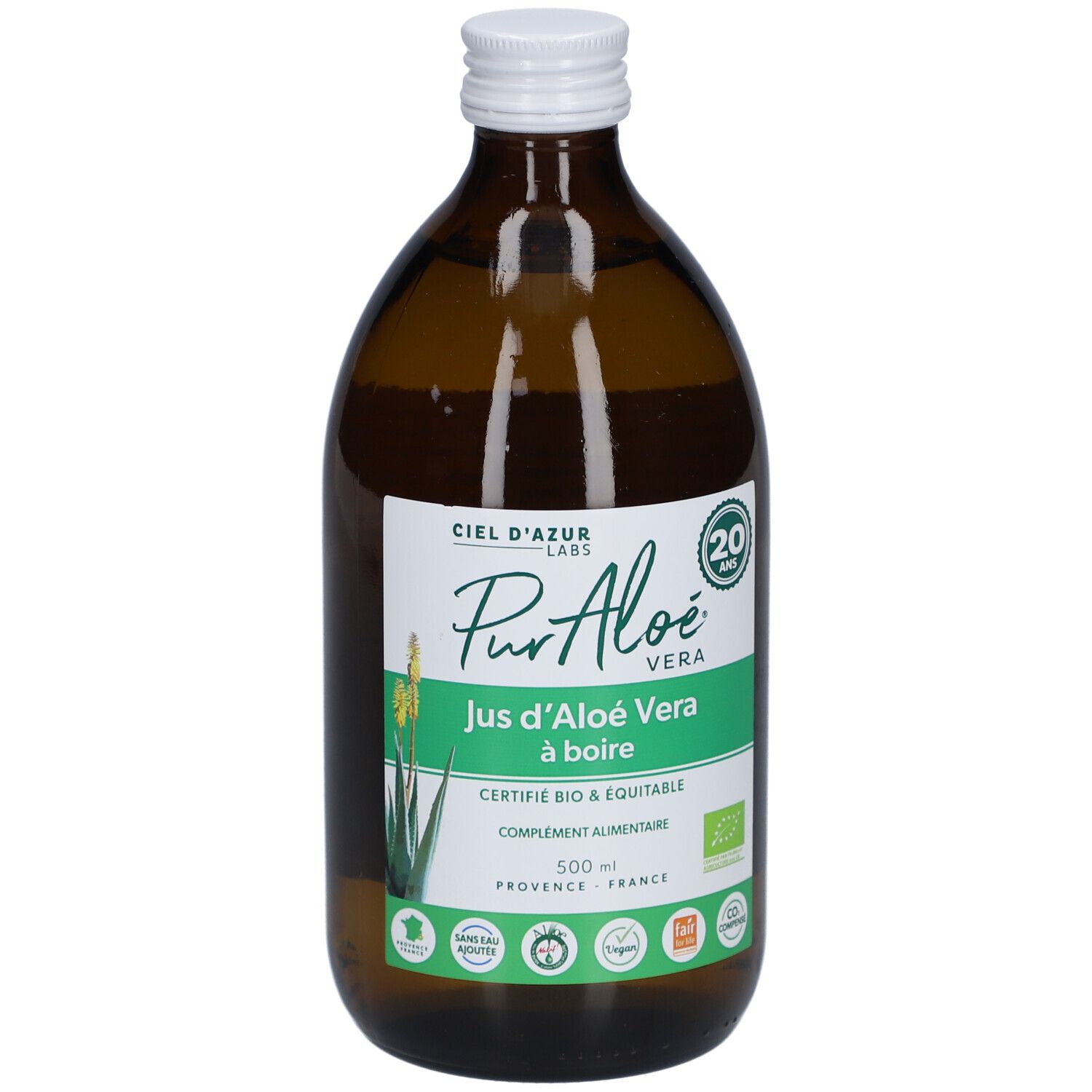 Bouteille en verre brun avec bouchon blanc. Étiquette avec nom et logo du produit. Certification bio.