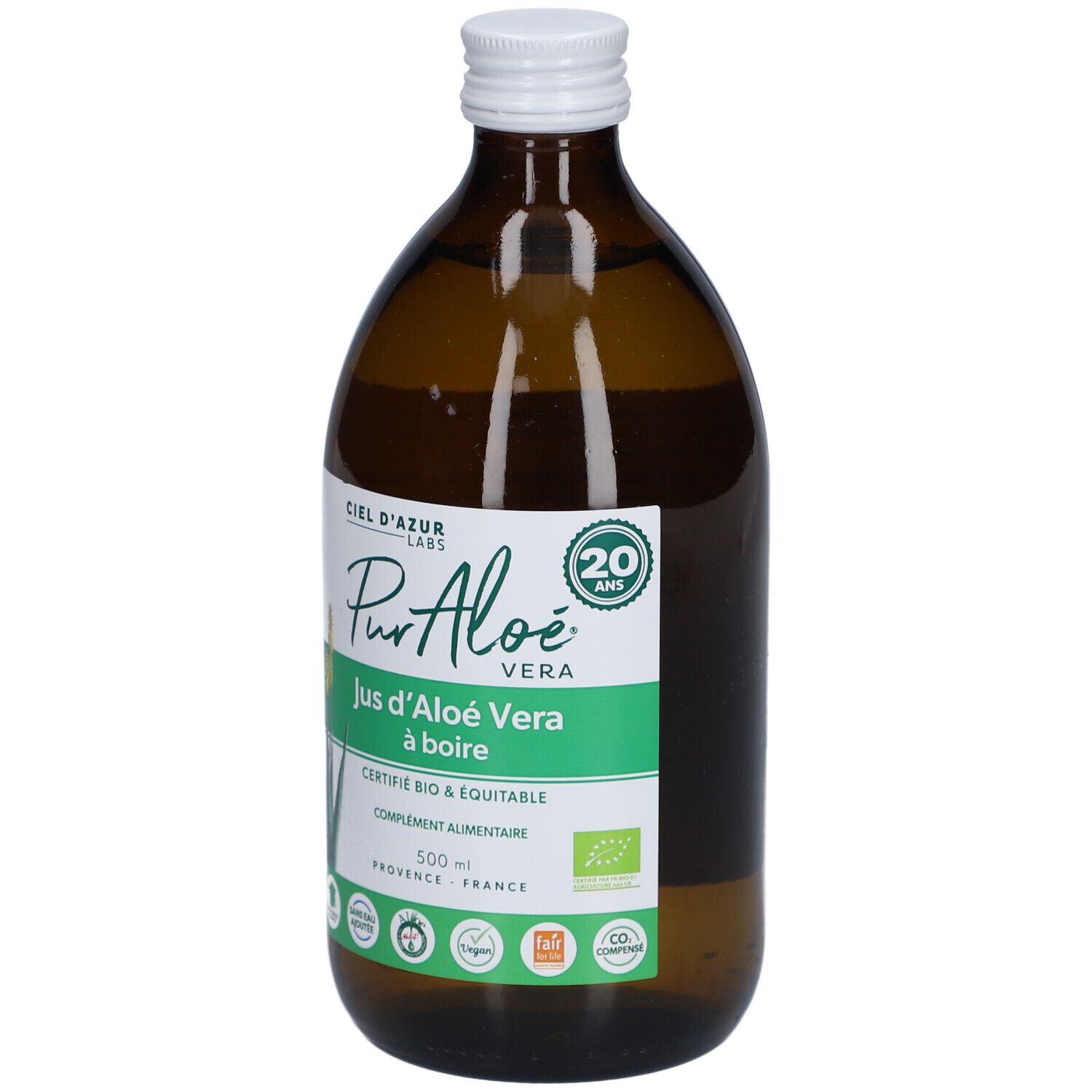 Bouteille en verre brun avec bouchon blanc. Étiquette avec nom et logo du produit. Certification bio.