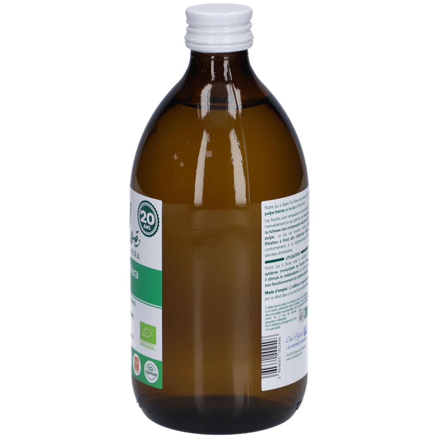 Bouteille en verre brun avec bouchon blanc. Étiquette arrière avec texte. Certification bio et date de péremption.