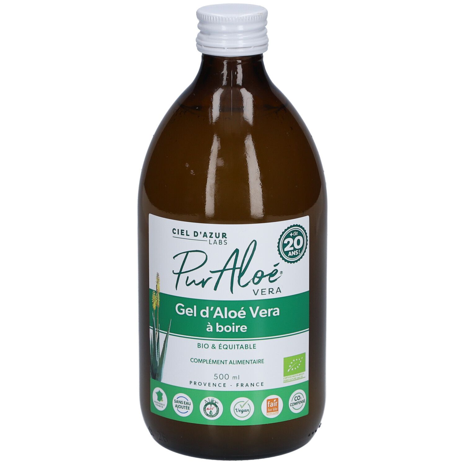 Bouteille en verre brun, bouchon blanc. Étiquette avec nom et logo du produit. Certification bio.