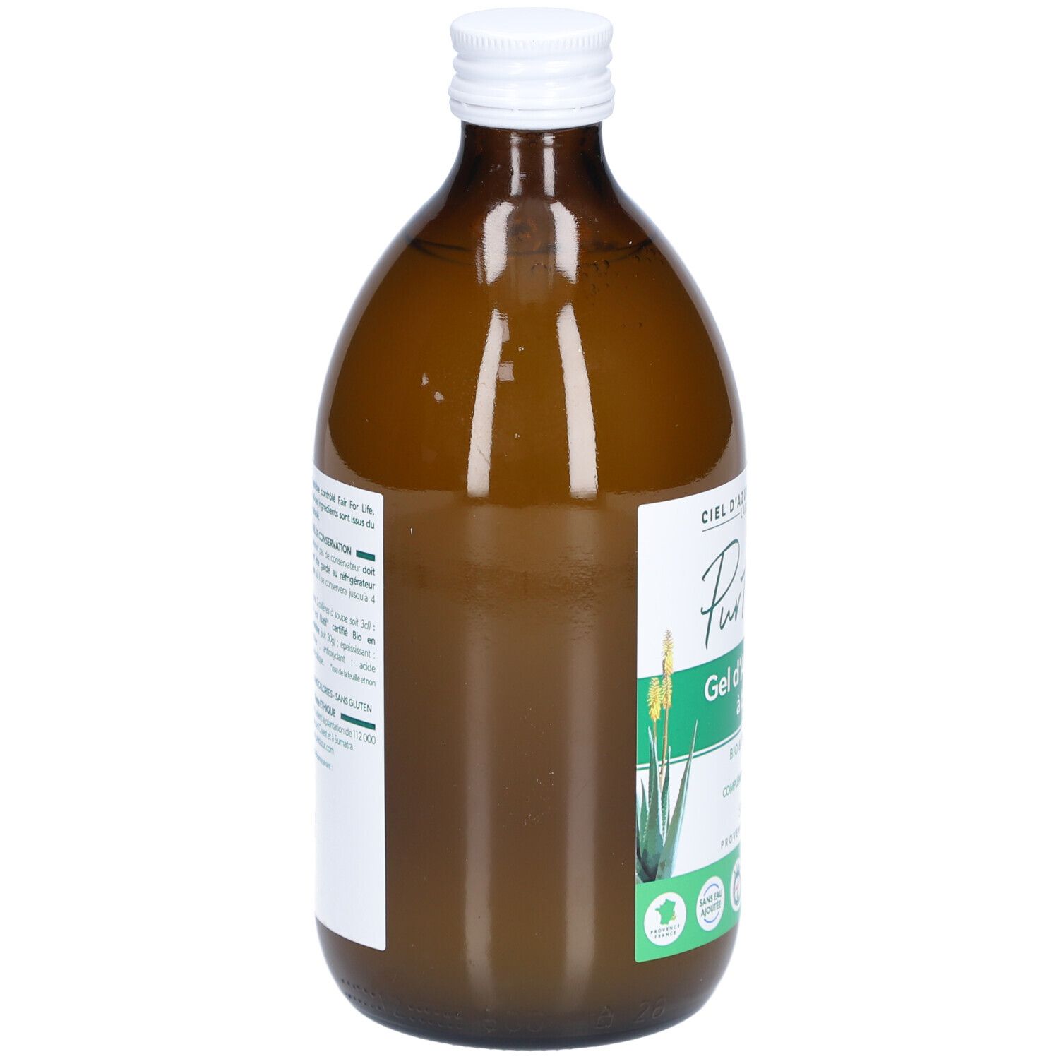 Bouteille en verre brun, bouchon blanc. Étiquette avec texte. Vue arrière du produit.