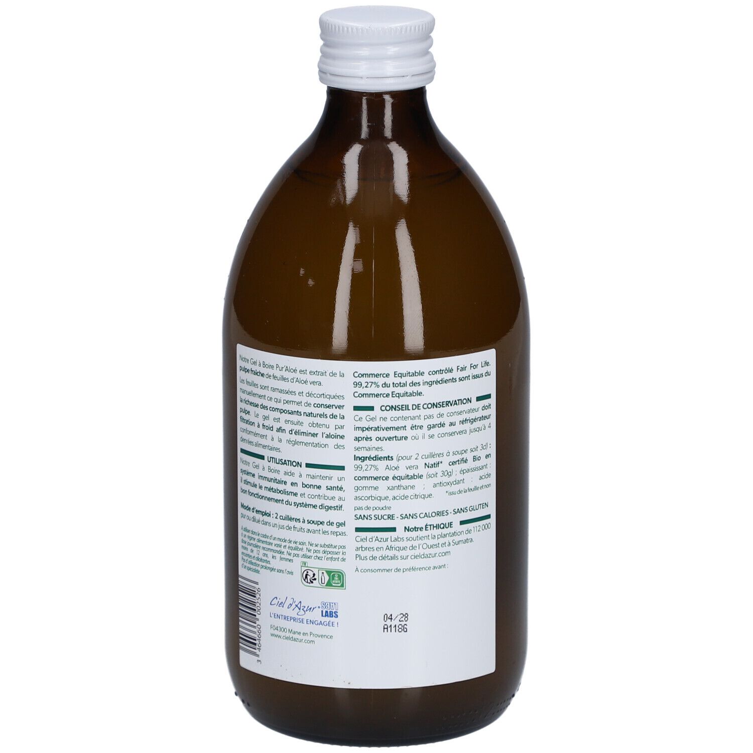 Bouteille en verre brun, bouchon blanc. Étiquette avec texte. Vue arrière du produit.