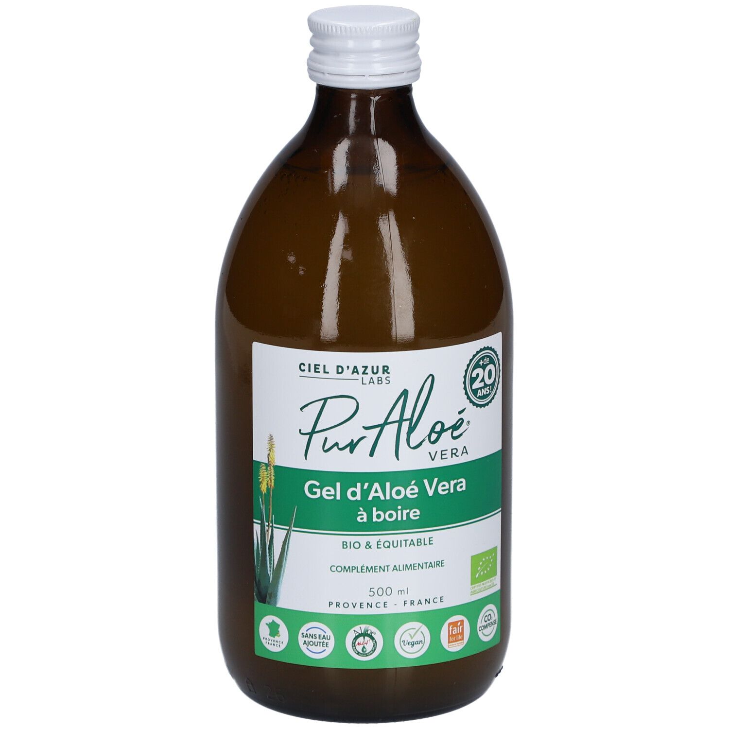 Bouteille en verre brun, bouchon blanc. Étiquette avec nom et logo du produit. Certification bio.