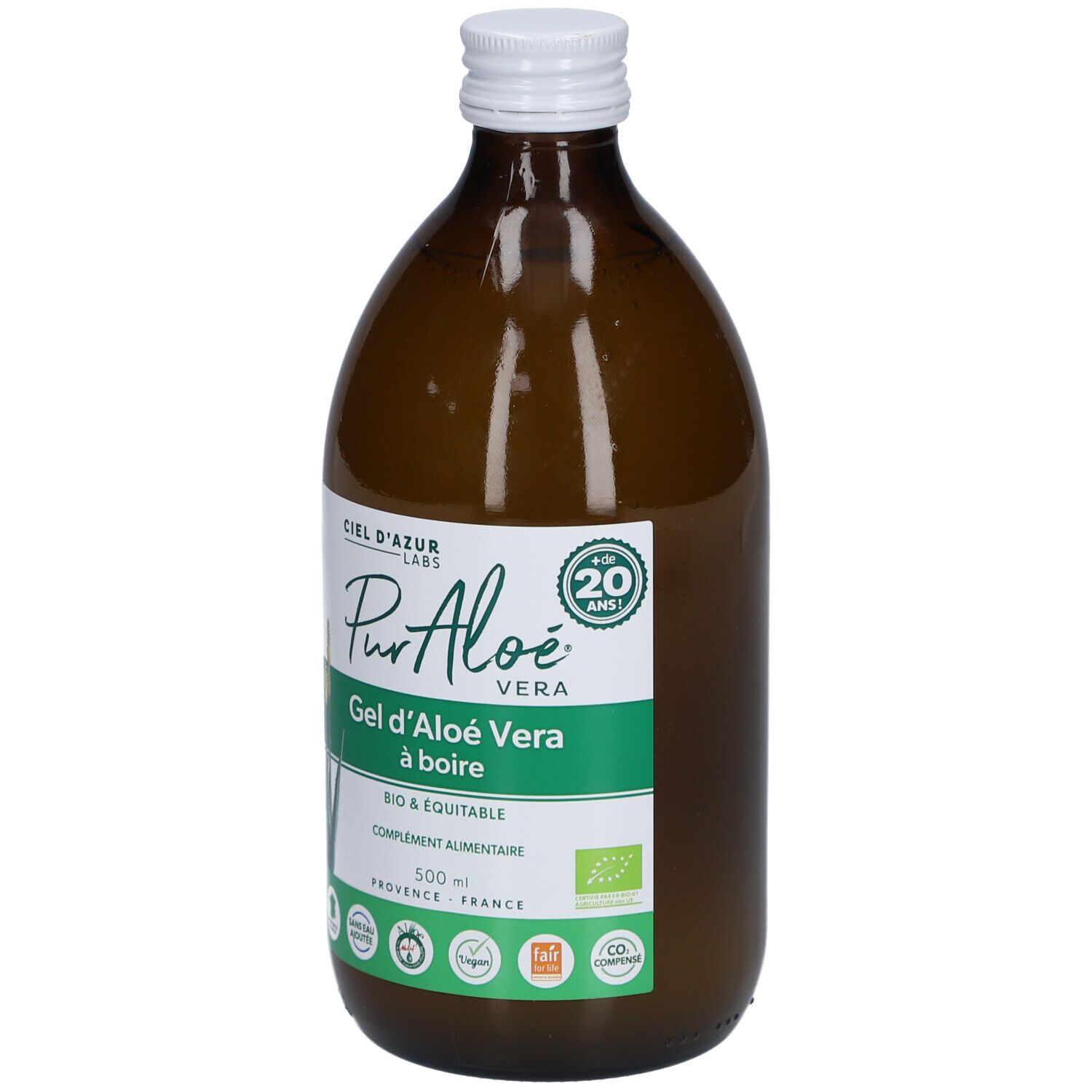 Bouteille en verre brun, bouchon blanc. Étiquette avec nom et logo du produit. Certification bio.