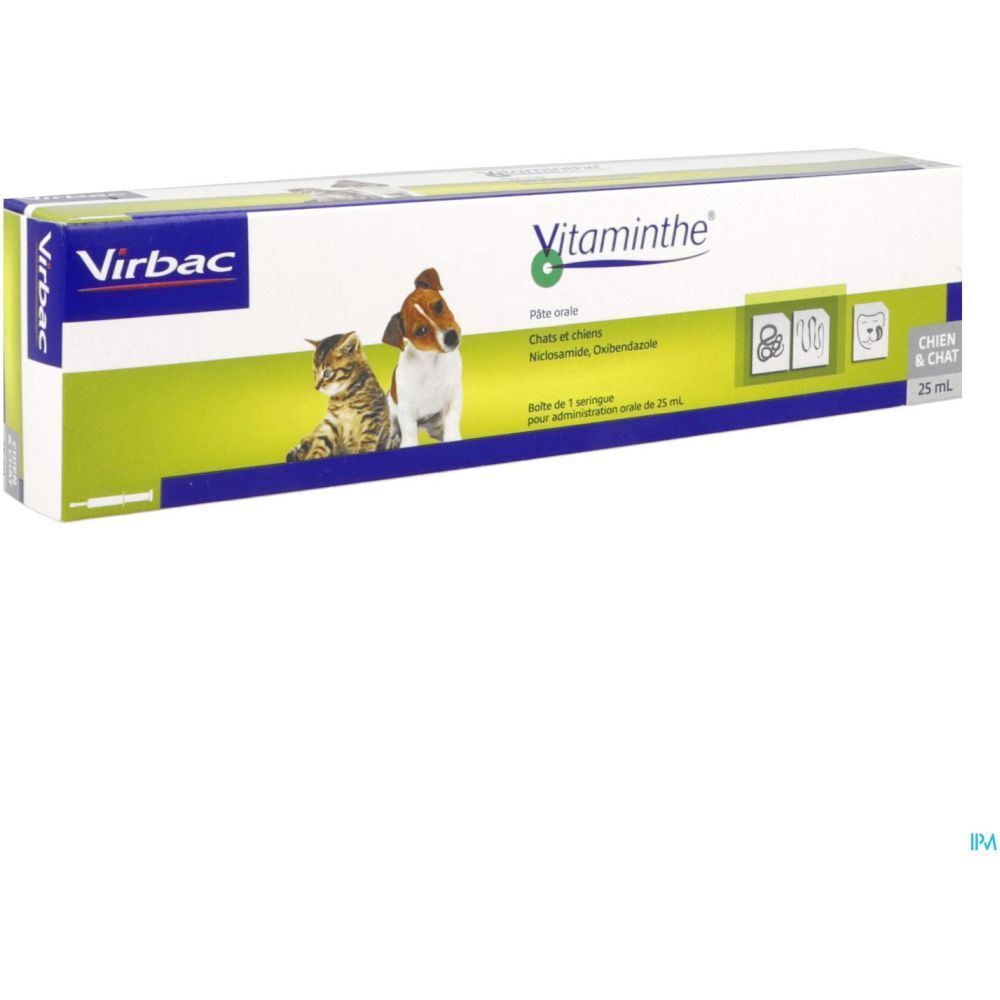 Virbac Vitaminthe® Pâte Orale. Boîte avec image produit, chat et chien. Texte: Chien & Chat, 25 ml.
