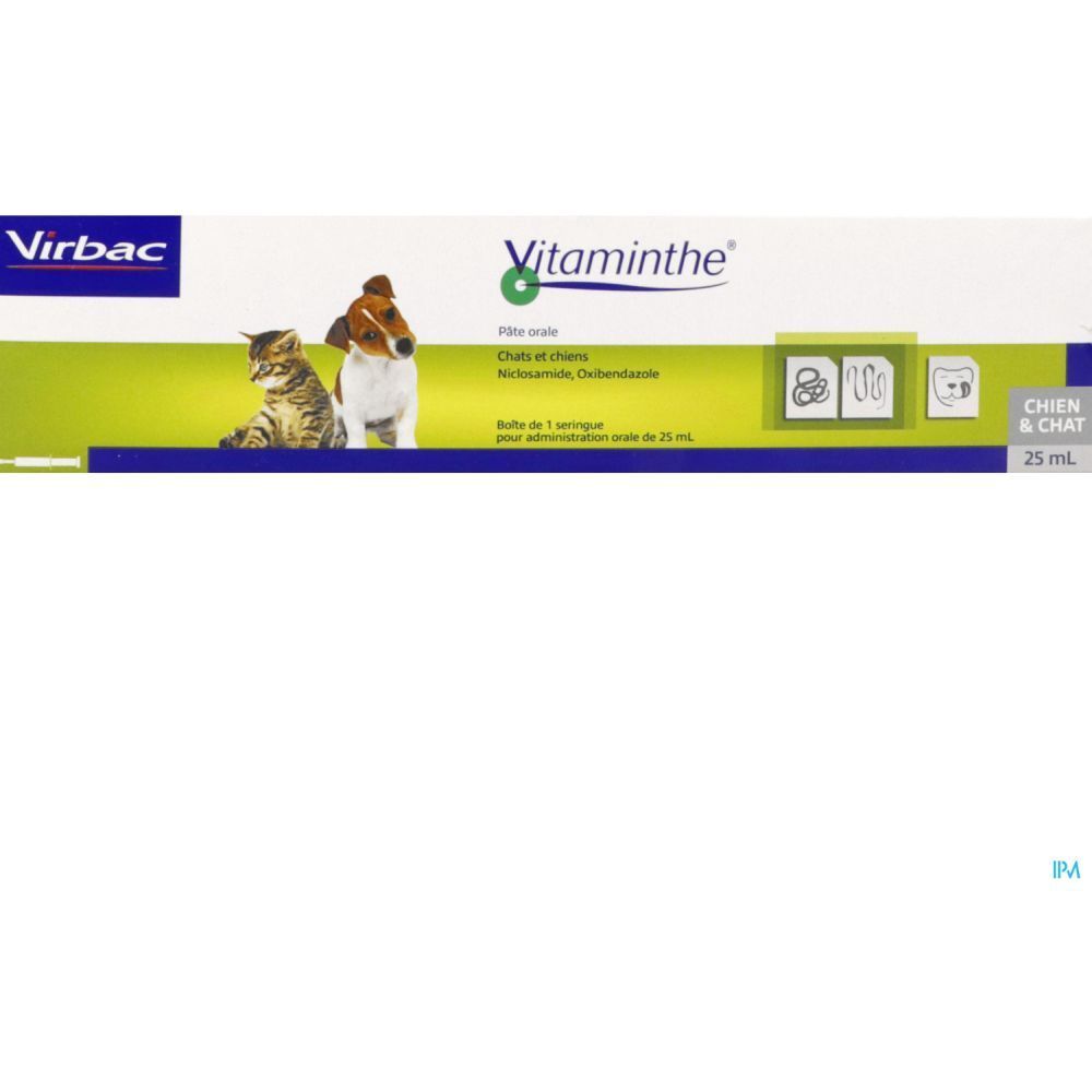 Virbac Vitaminthe® Pâte Orale. Boîte avec image produit, chat et chien. Texte: Chien & Chat, 25 ml.