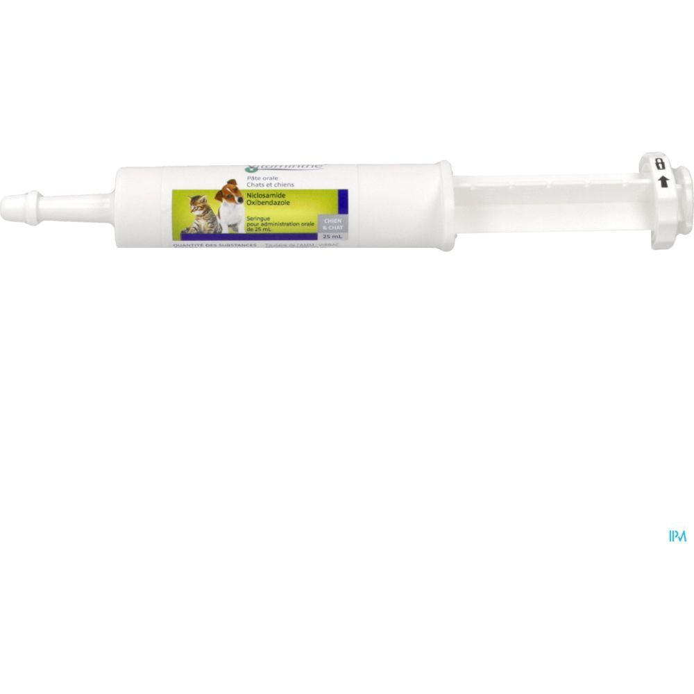Virbac Vitaminthe® Pâte Orale. Seringue blanche avec étiquette produit. Pour chiens et chats. 25 ml.