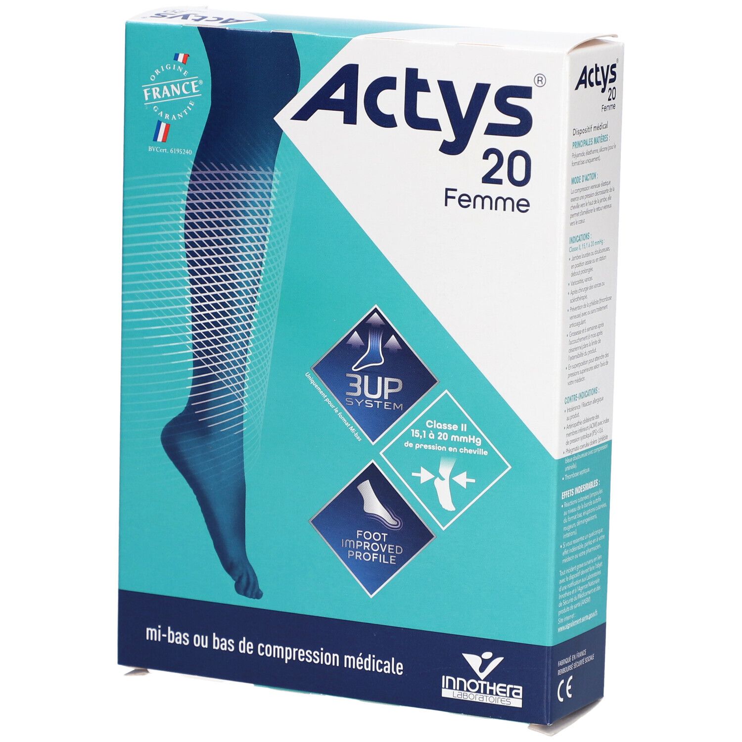 Boîte Actys 20 Femme, bas de compression médicale classe 2. Design turquoise et blanc avec illustration du produit.