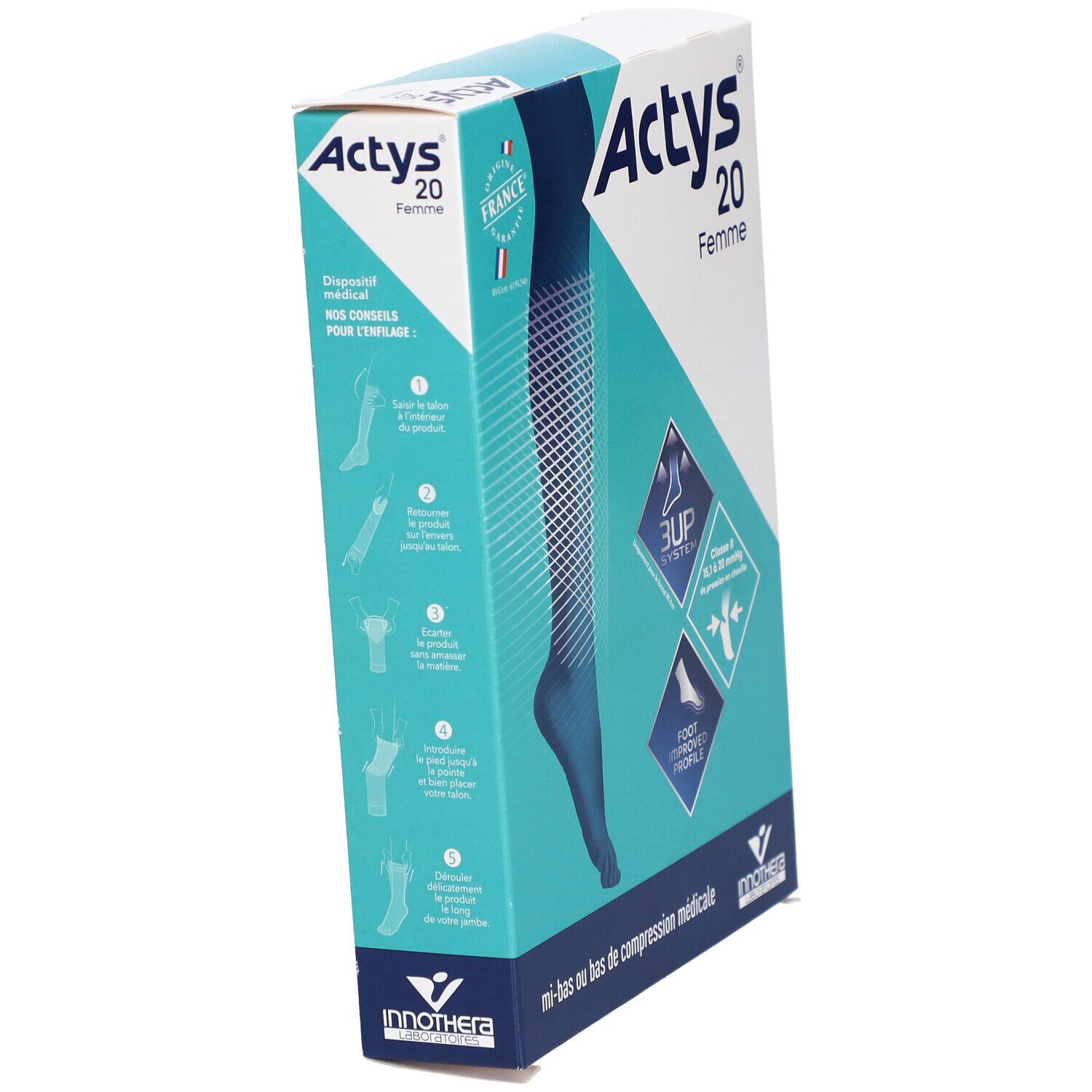 Vue en biais de la boîte Actys 20 Femme. Design turquoise et blanc avec illustration et informations.