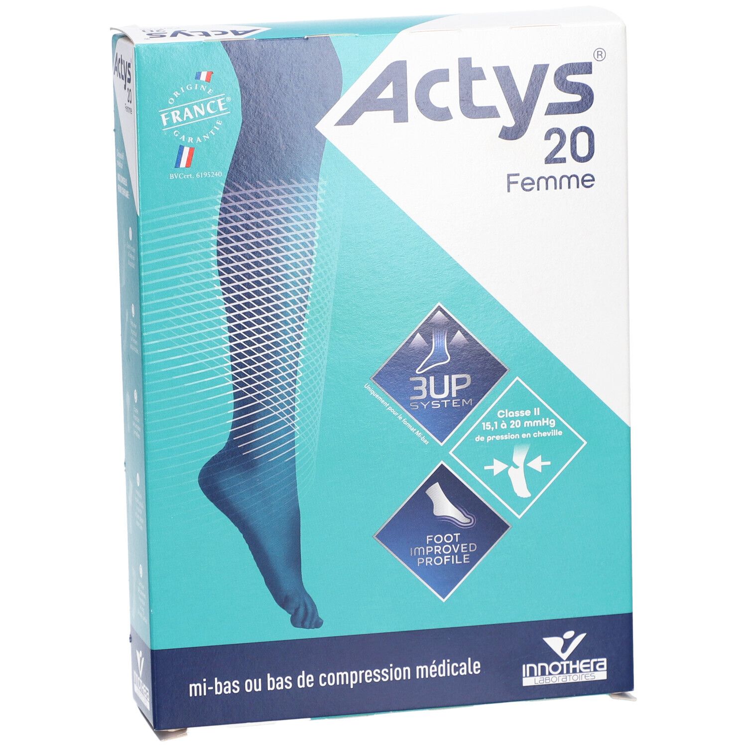 Boîte Actys 20 Femme, bas de compression médicale. Design turquoise et blanc avec illustration du produit.