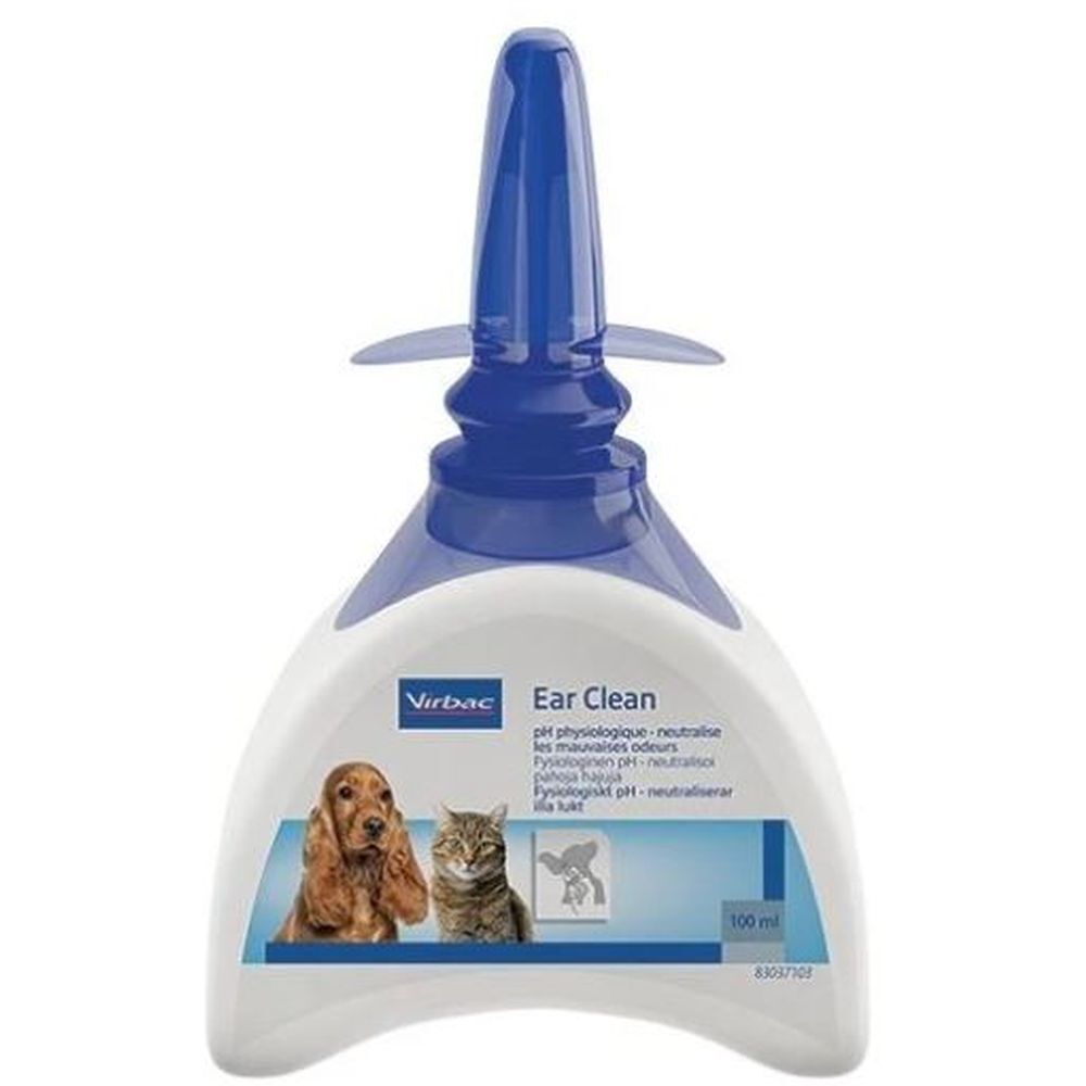 Flacon blanc avec applicateur bleu. Inscription "Ear Clean" et logo. Image chien et chat. 100 ml.