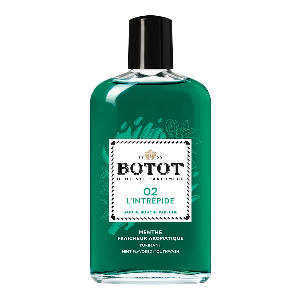 Bain de bouche Botot menthe, pin et eucalyptus dans une bouteille en verre.