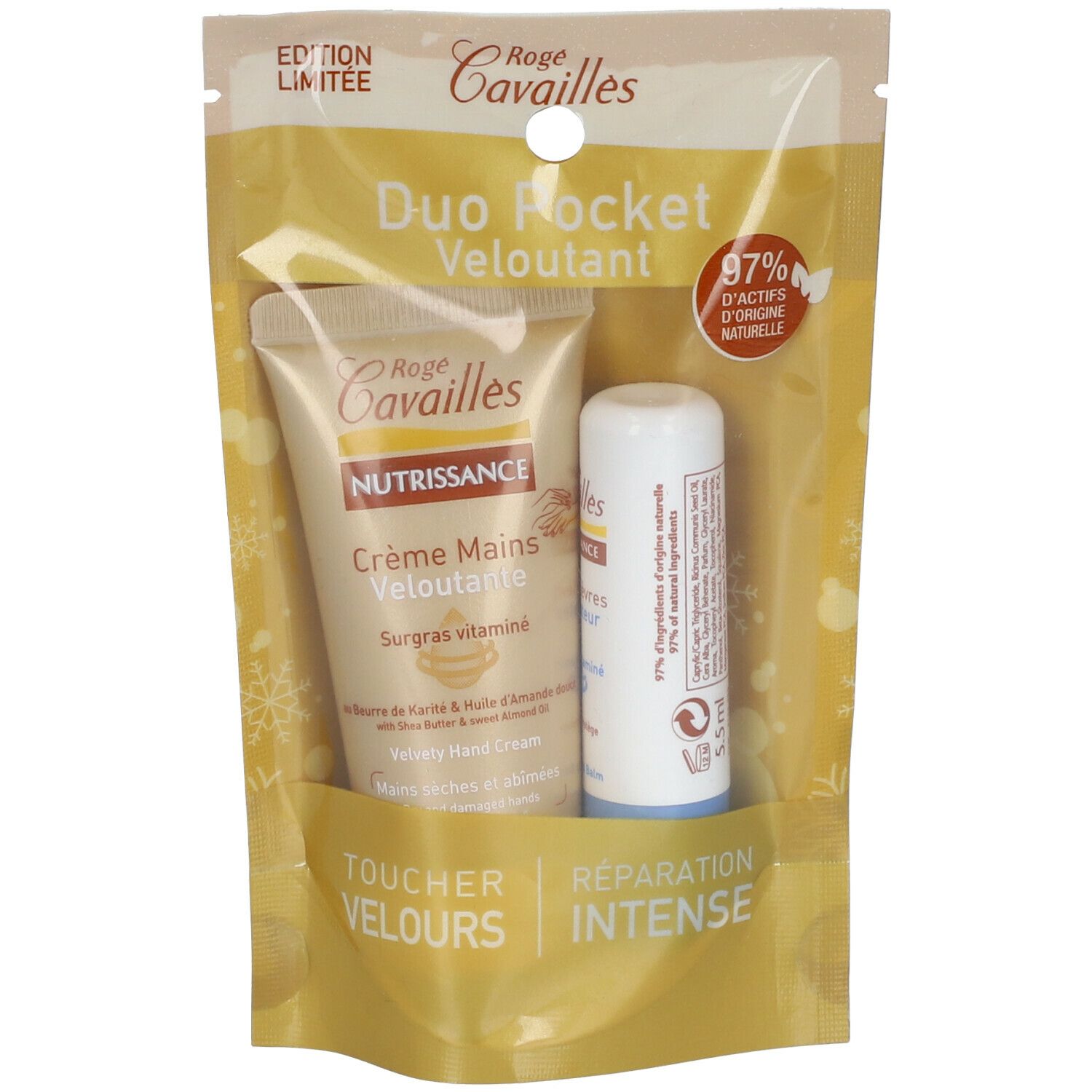 Duo Pocket Rogé Cavaillès. Contient une crème mains et un stick lèvres. Emballage transparent. Inscription : 97% d'actifs d'origine naturelle.