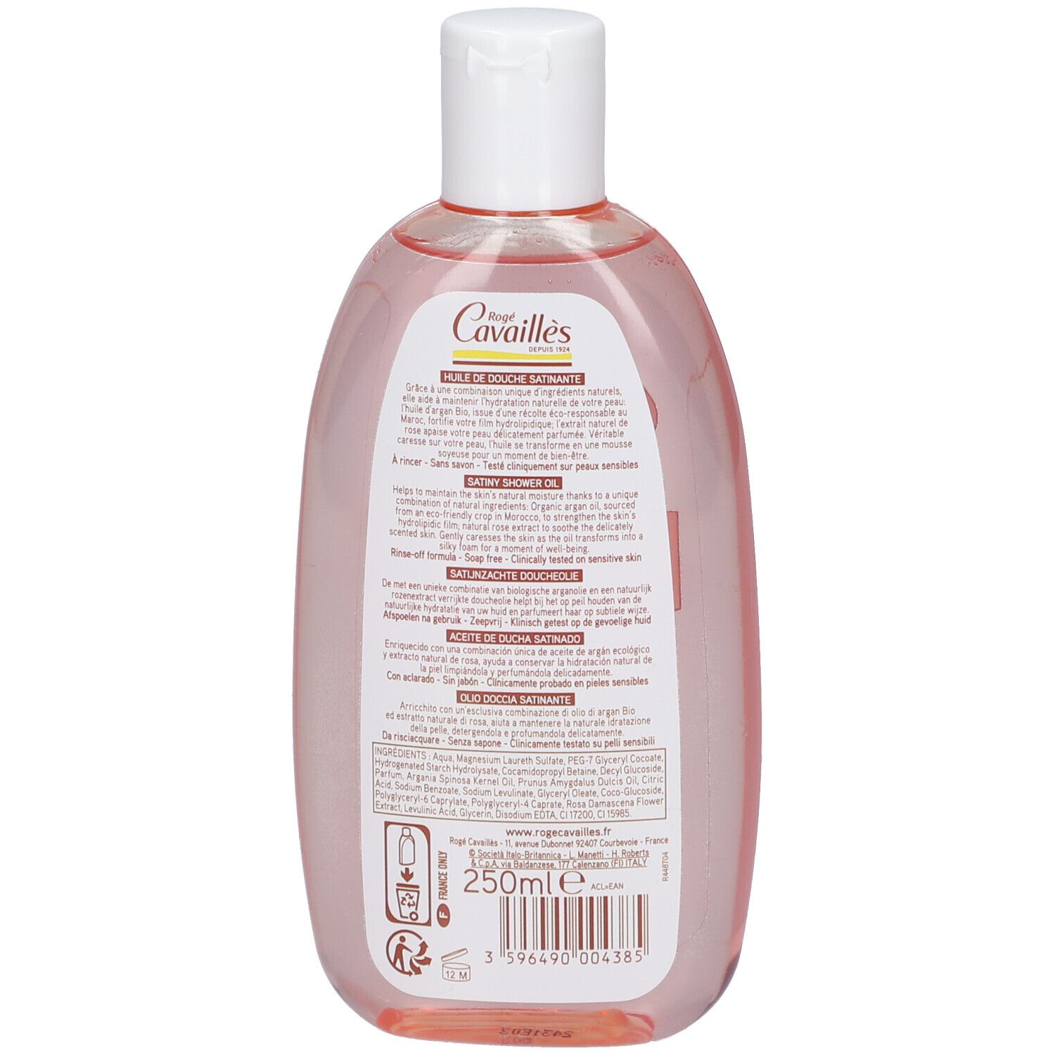 Dos d'un flacon de liquide rose. Texte multilingue. Inscription: Rogé Cavaillès, Huile de Douche Satinante.