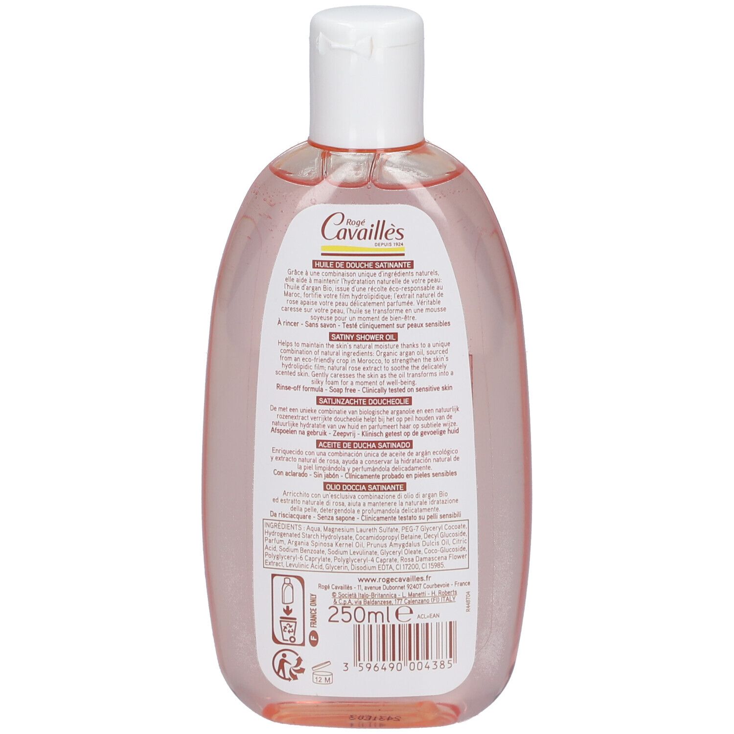 Dos d'un flacon de liquide rose. Texte multilingue. Inscription: Rogé Cavaillès, Huile de Douche Satinante.