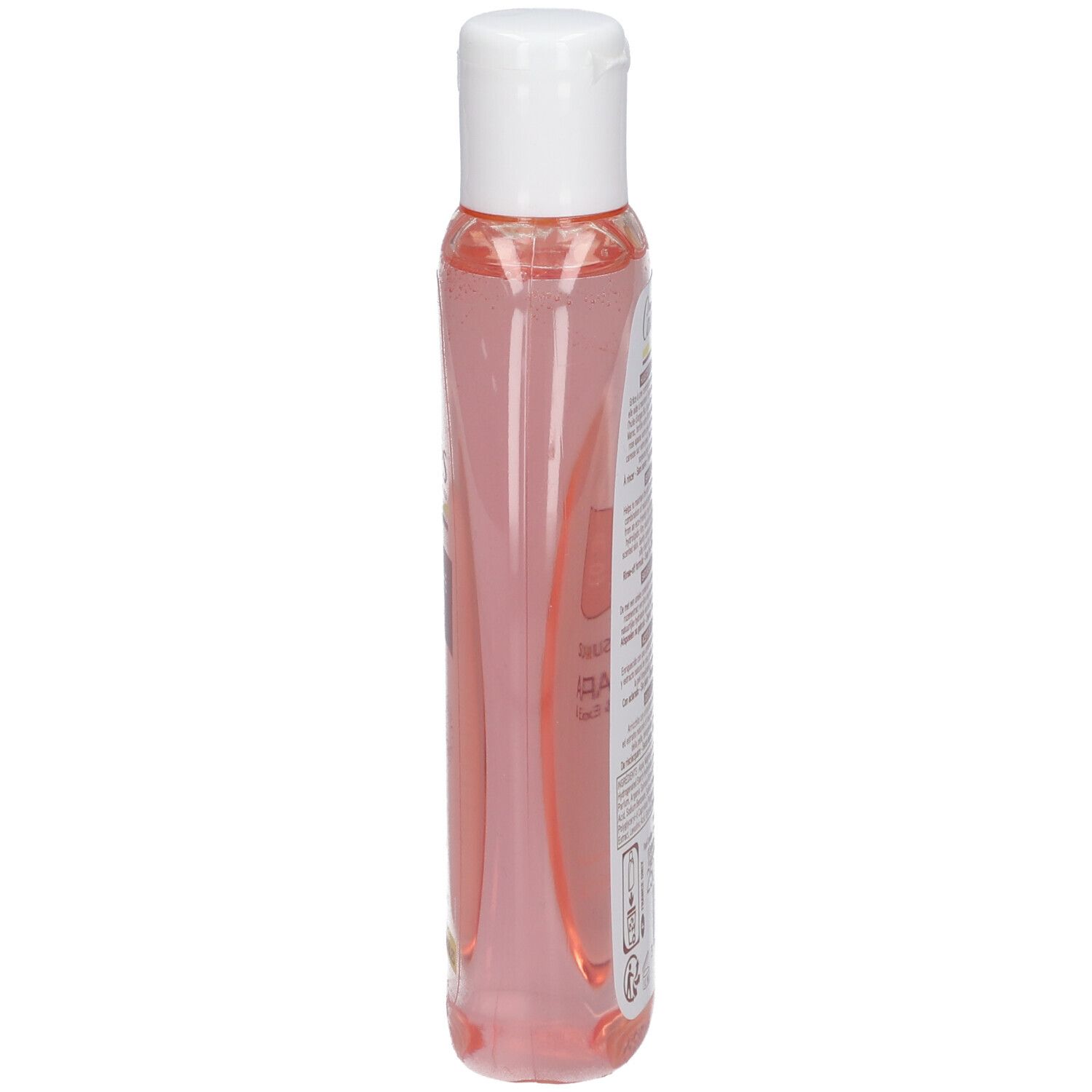 Flacon étroit transparent, liquide rose. Bouchon blanc. Inscription illisible.