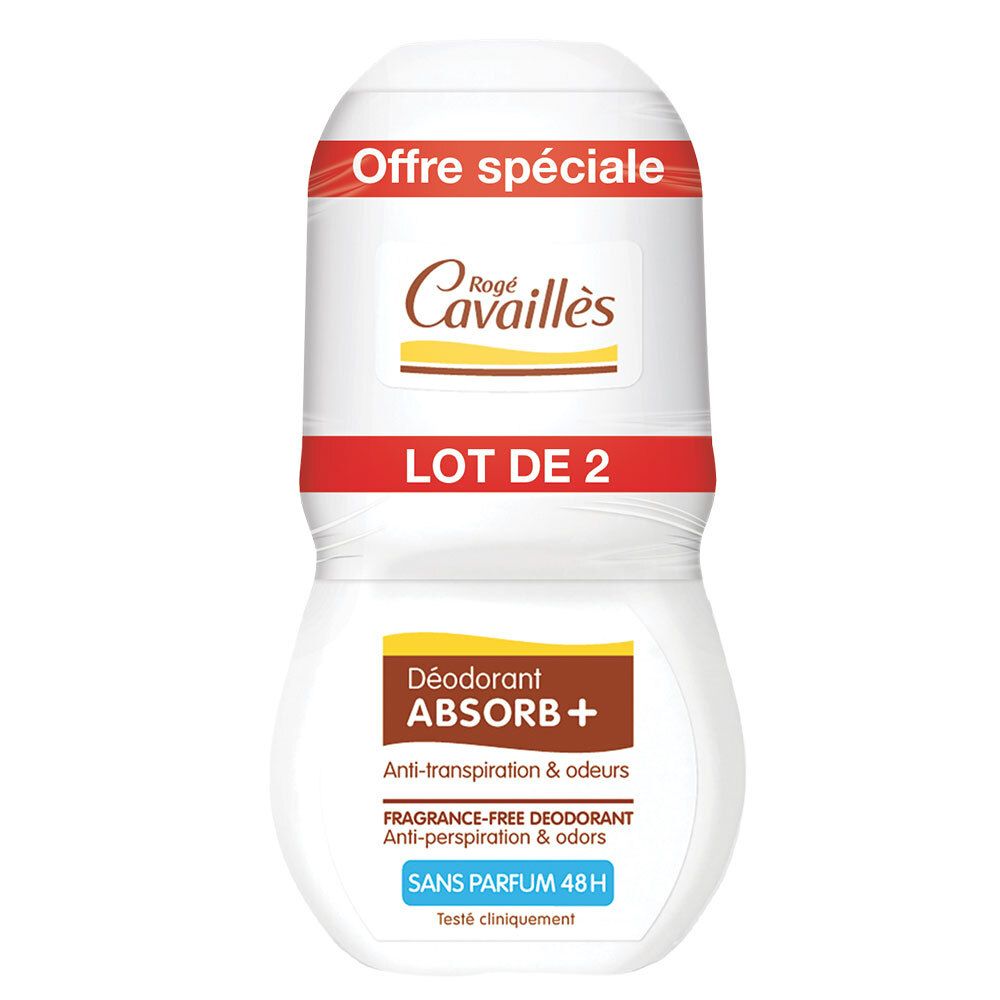 Déodorant roll-on blanc avec accents marron et rouge. Texte: Déodorant Absorb+, Anti-transpiration & odeurs, Sans parfum 48H. Lot de 2.