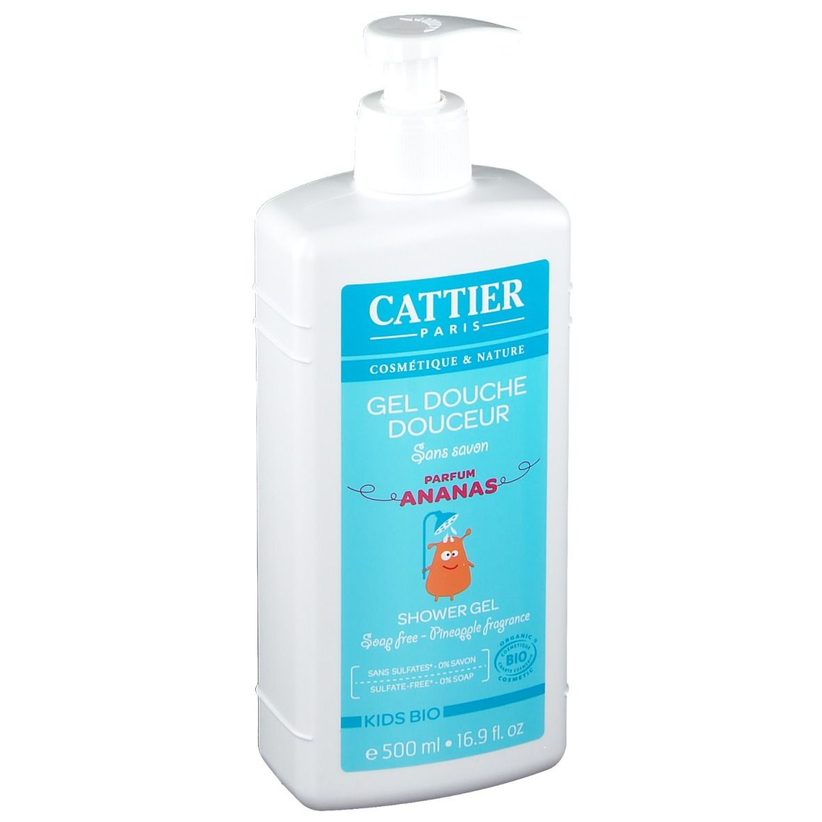 Flacon blanc avec étiquette bleue. Texte: CATTIER PARIS, Gel Douche Douceur, Sans savon, Parfum Ananas, Shower Gel, Kids Bio. Certification Bio.