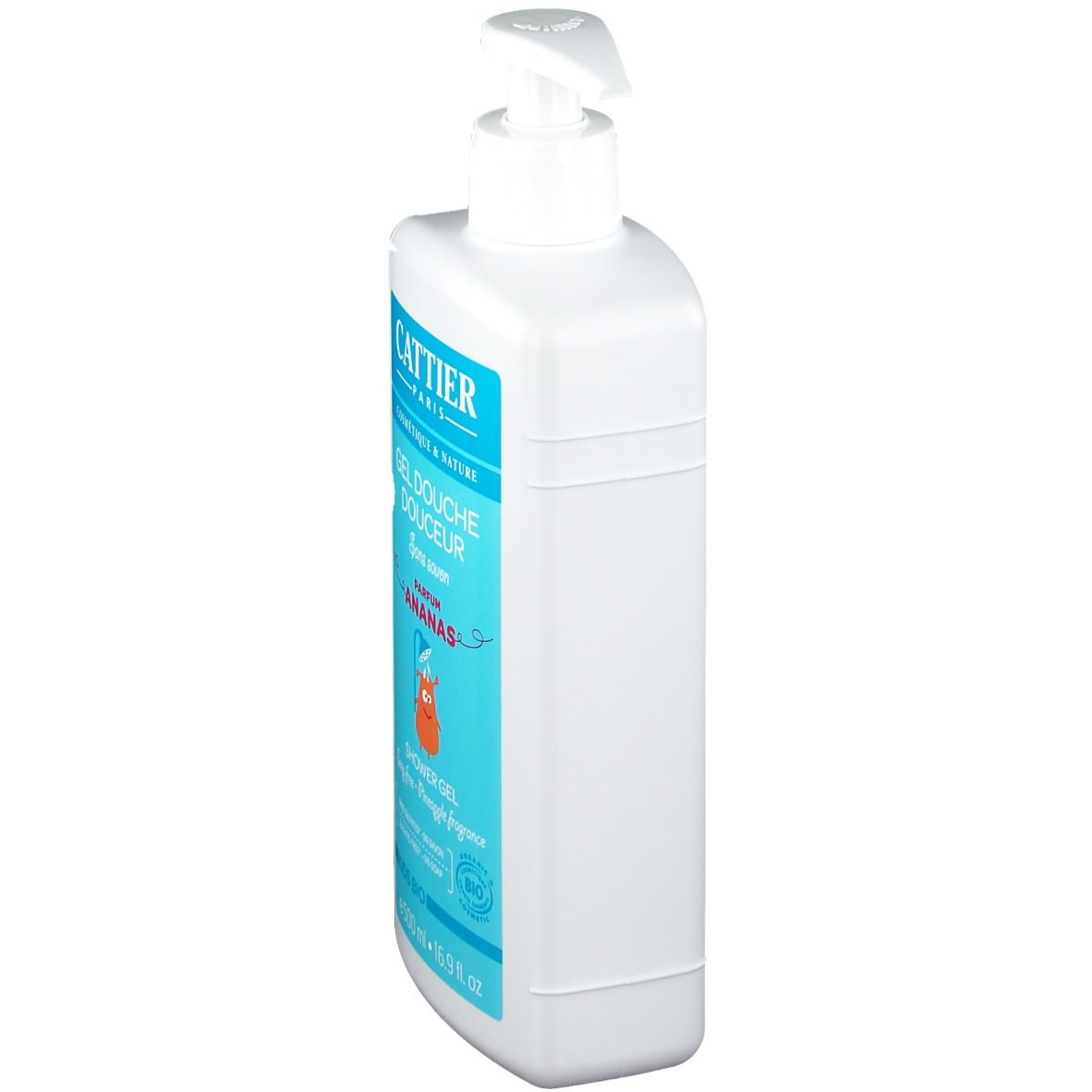 Flacon blanc, vue latérale. Étiquette bleue avec texte: CATTIER PARIS, Gel Douche Douceur, Sans savon, Parfum Ananas, Shower Gel, Kids Bio. Certification Bio.
