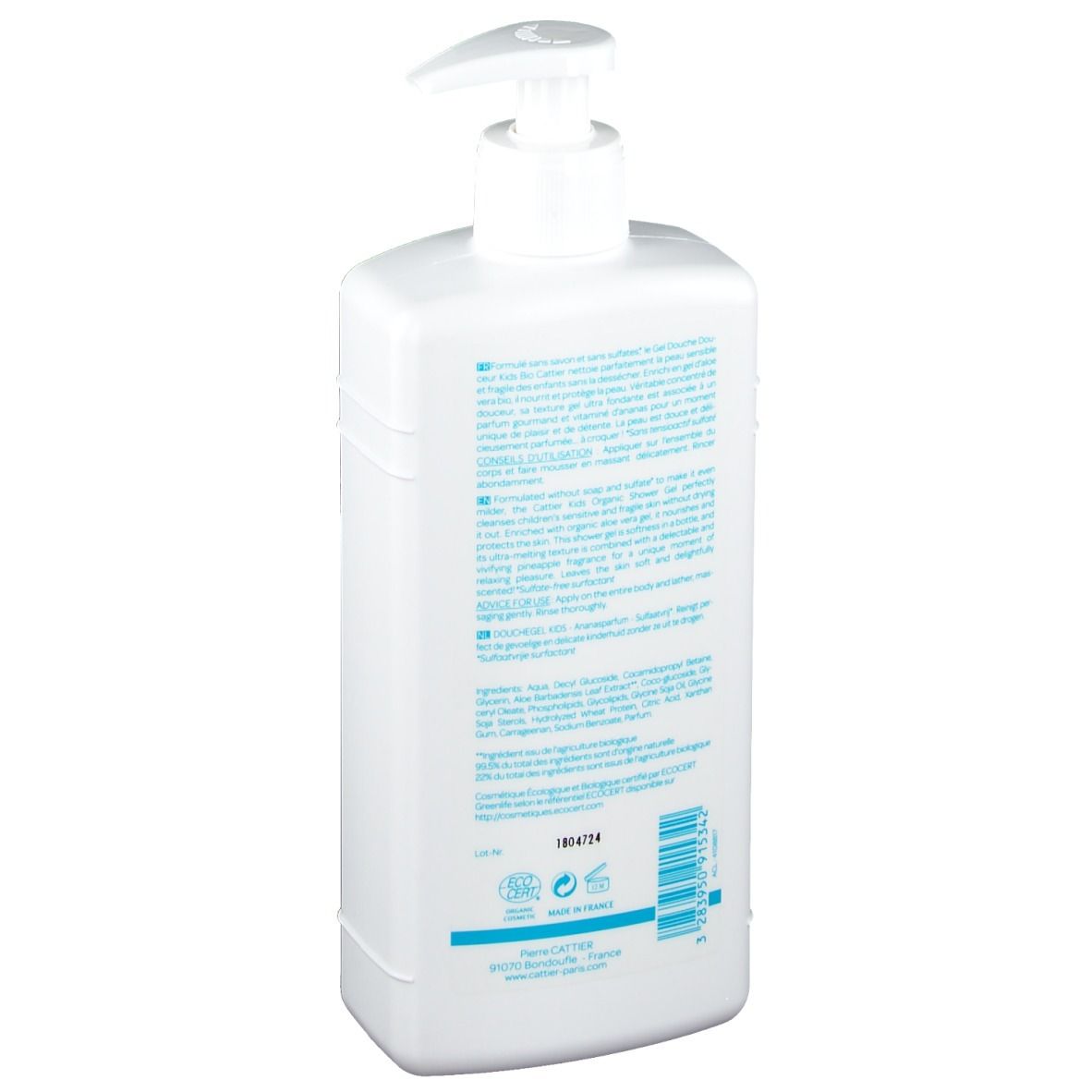 Flacon blanc, dos. Texte en bleu. Certification Bio. Code-barres.