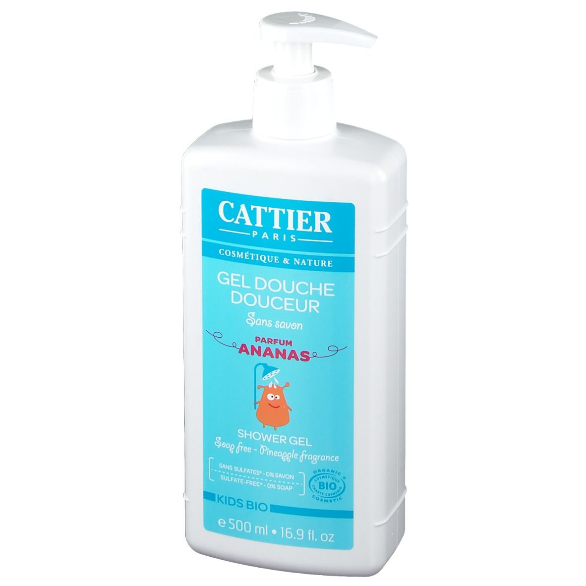 Flacon blanc avec étiquette bleue. Texte: CATTIER PARIS, Gel Douche Douceur, Sans savon, Parfum Ananas, Shower Gel, Kids Bio. Certification Bio.