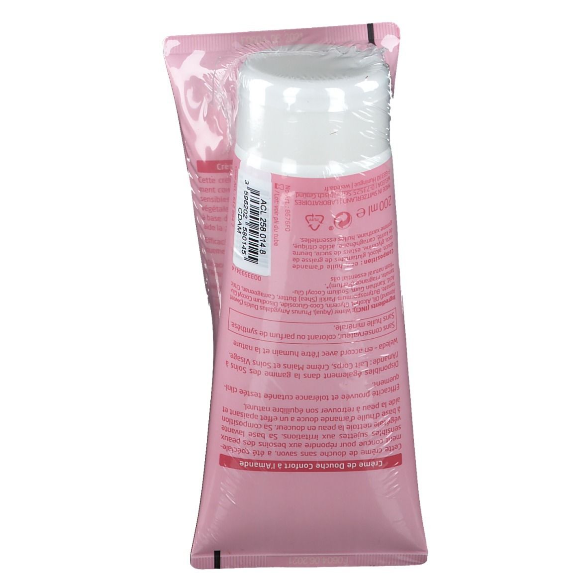Dos d'un tube rose avec bouchon blanc. Texte et code-barres. Nom du produit: Crème de Douche Confort.