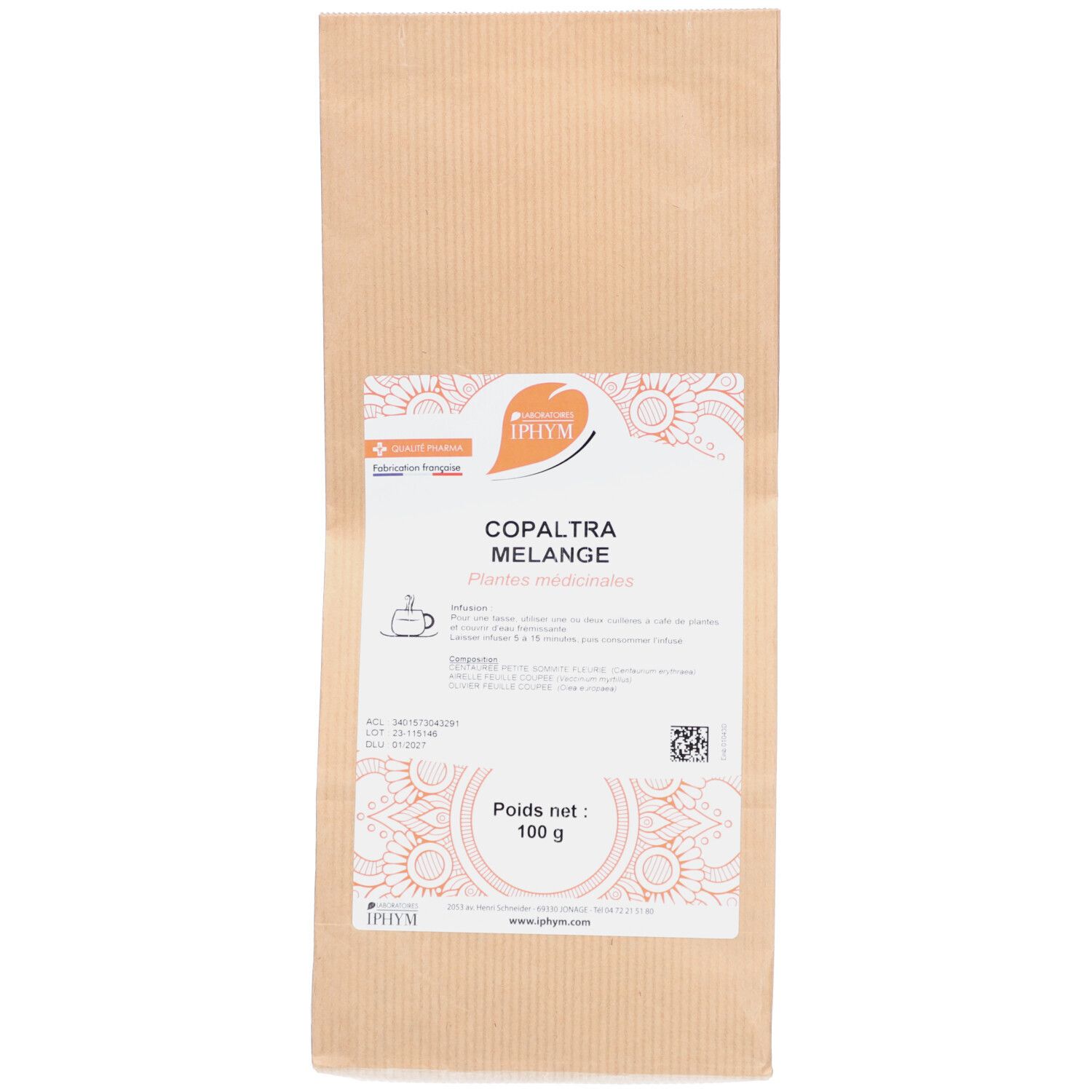 Sachet de tisane Copaltra Mélange. Logo, nom du produit et informations imprimées. Poids net : 100 g.