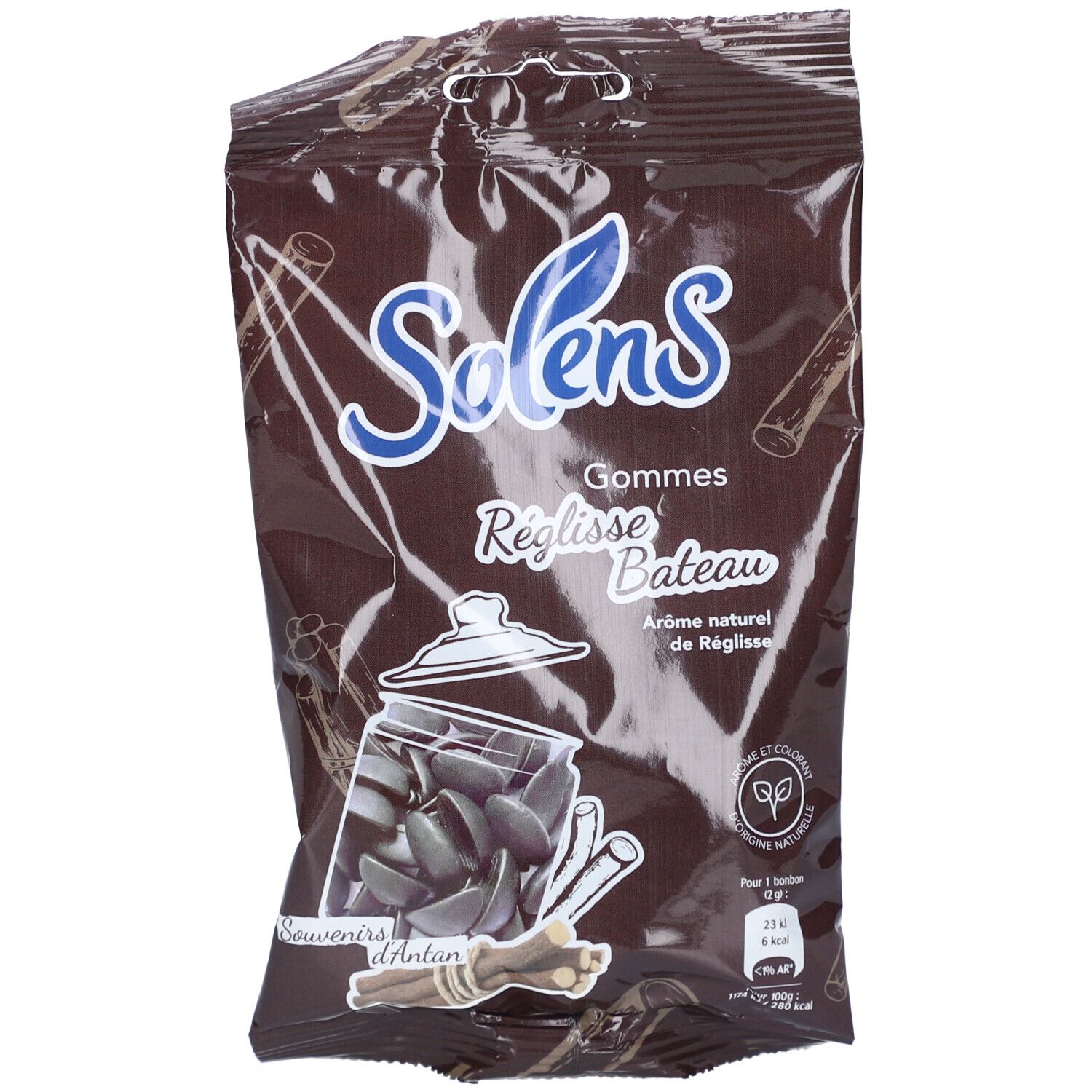 Sachet marron SOLENS GOMMES. Inscription: Réglisse Bateau, arômes. Illustration de bonbons réglisse et bâtons de cannelle. Sceau.