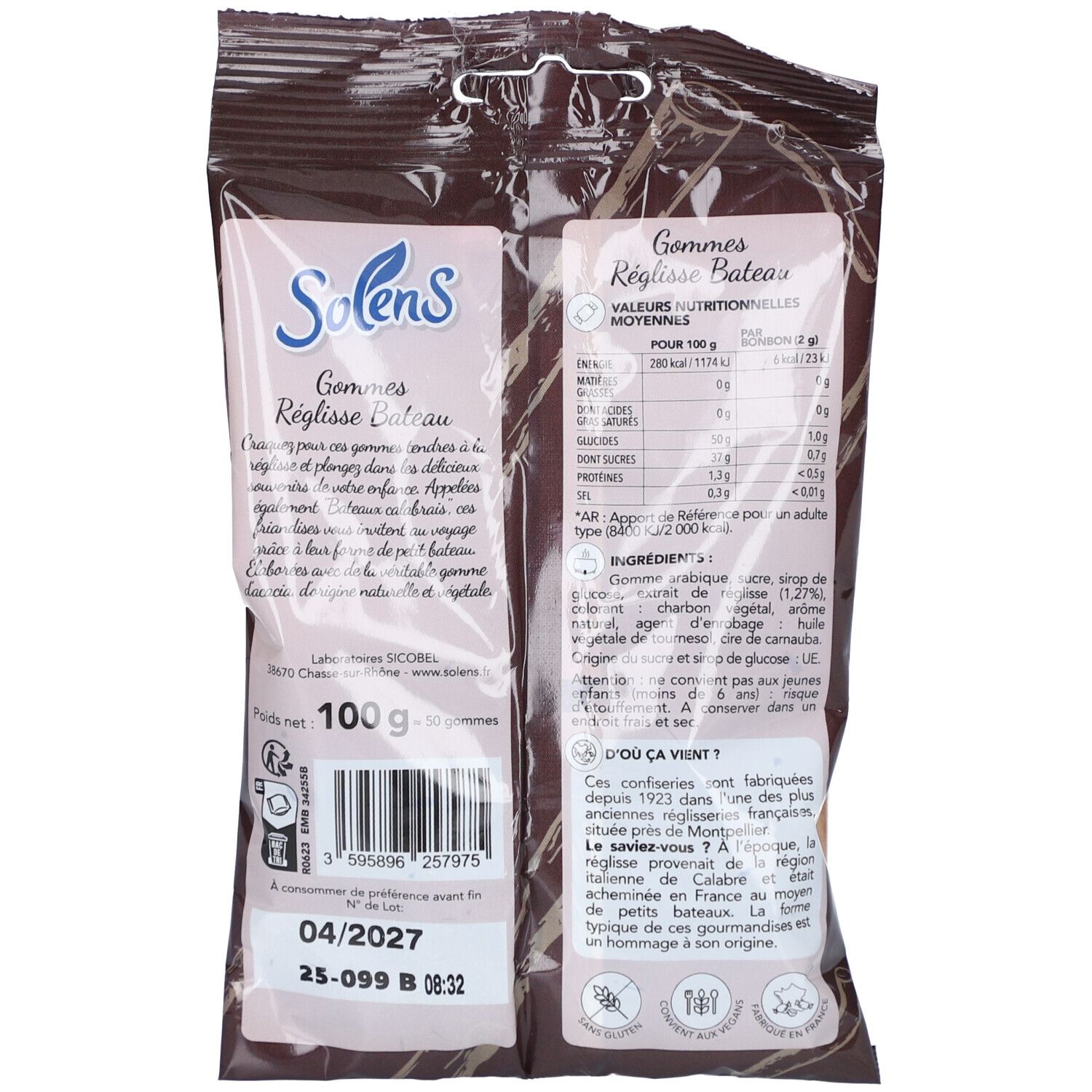 Dos du sachet marron SOLENS GOMMES. Texte: informations nutritionnelles, ingrédients, informations fabricant, date limite, code-barres.