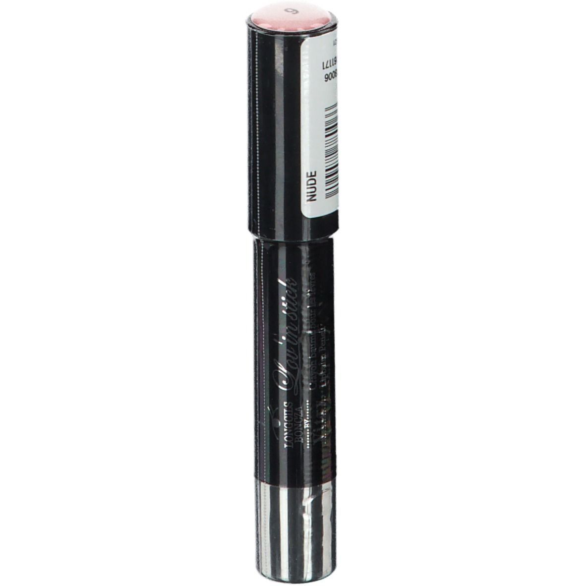 Rouge à lèvres nude. Étui noir avec base argentée. Autocollant avec informations produit.