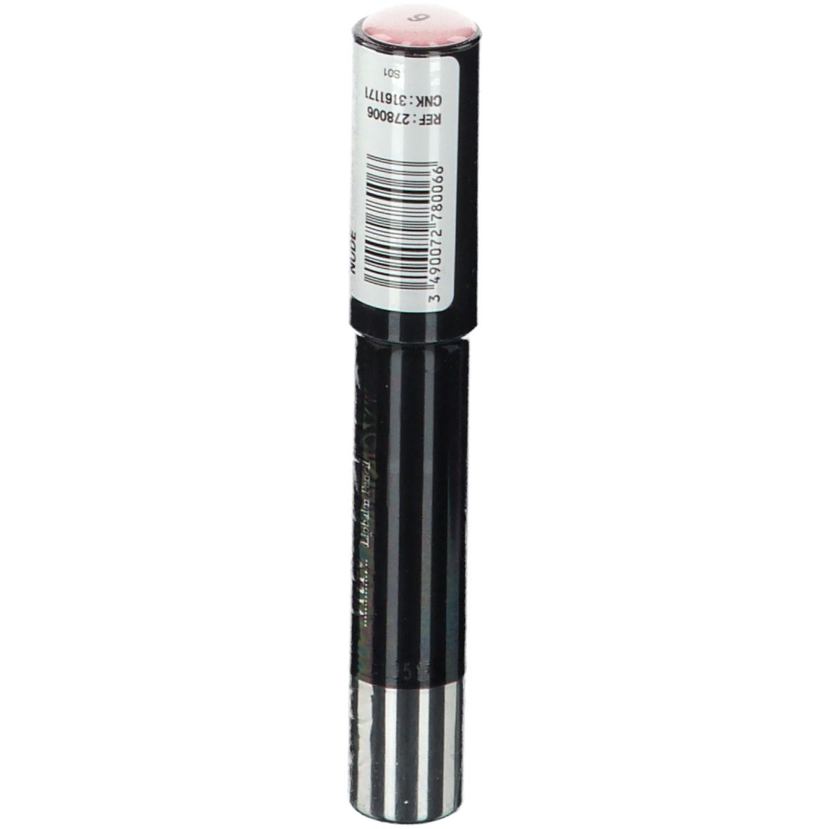 Rouge à lèvres nude. Étui noir avec base argentée. Autocollant avec code-barres et code produit.