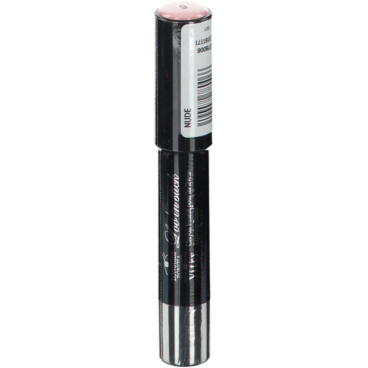 Rouge à lèvres nude. Étui noir avec base argentée. Autocollant avec informations et nom de la marque.