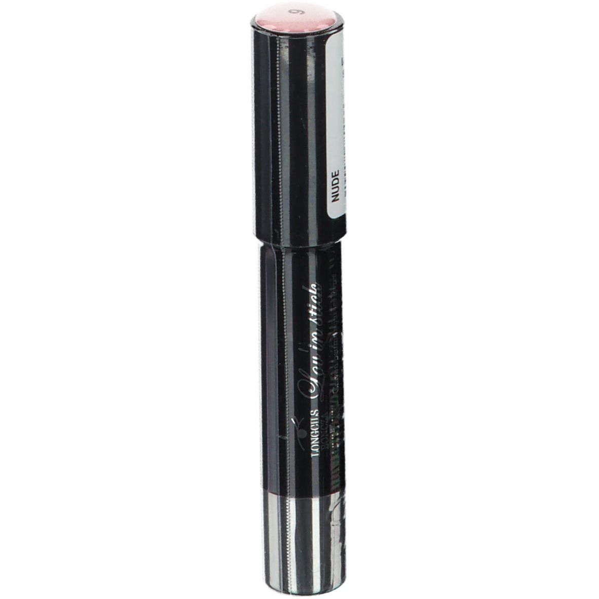Rouge à lèvres nude. Étui noir avec base argentée. Autocollant avec informations produit.