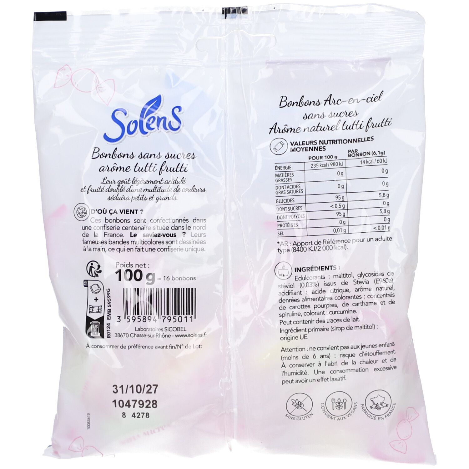 Dos du sachet de bonbons Solens. Inscriptions: Bonbons Arc-en-Ciel sans sucres. Tableau nutritionnel et liste d'ingrédients. 100g, 16 bonbons.