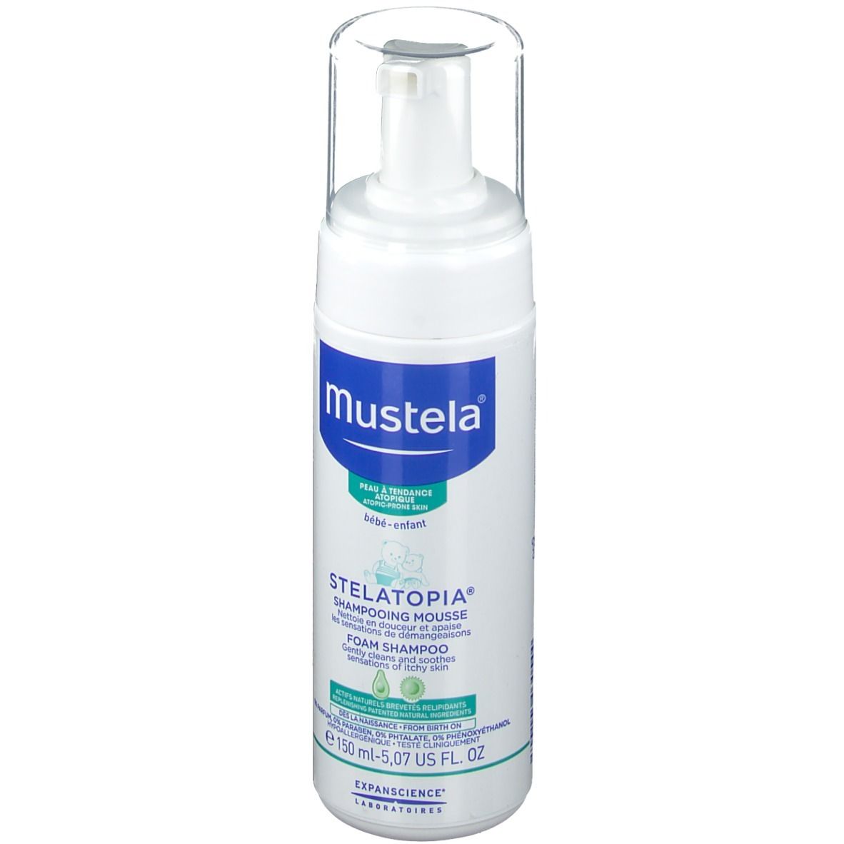 Mustela Stelatopia shampooing moussant, flacon blanc avec étiquette bleue. Nom du produit et logo clairement visibles.