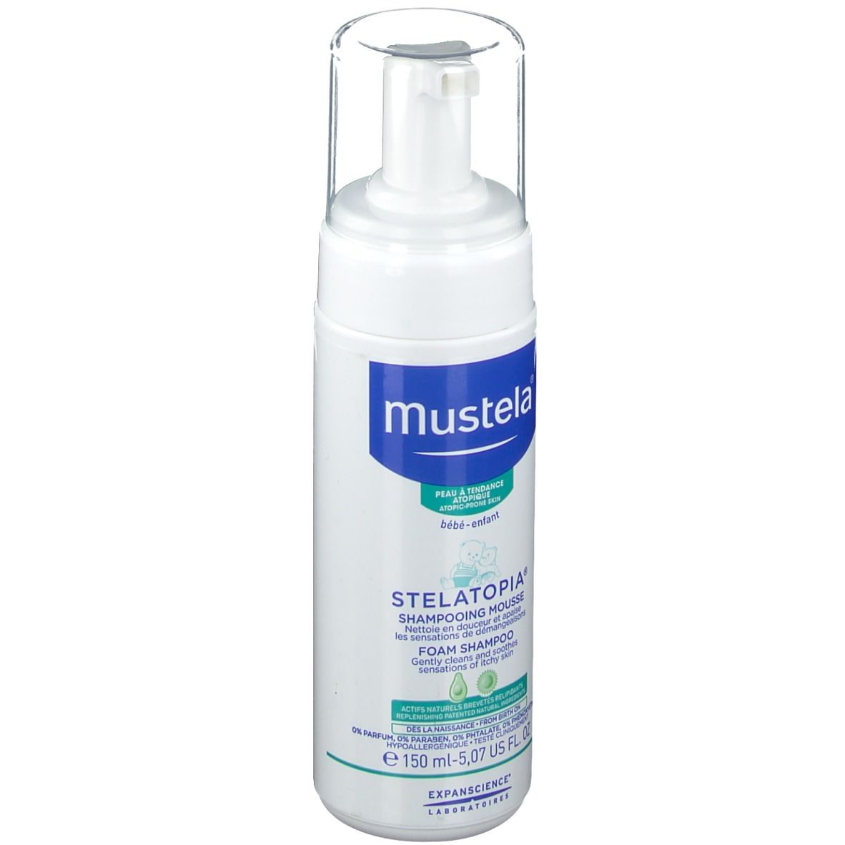 Mustela Stelatopia shampooing moussant, flacon blanc avec étiquette bleue. Nom du produit et logo clairement visibles.