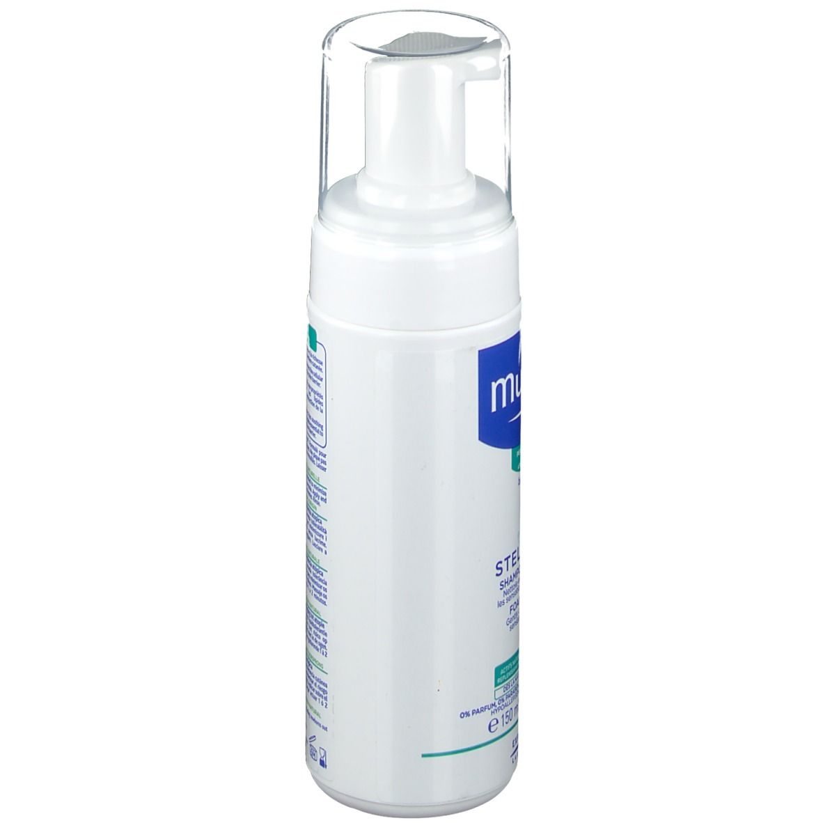 Flacon blanc de shampooing moussant Mustela Stelatopia. Vue partielle avec étiquette bleue et informations sur le produit.