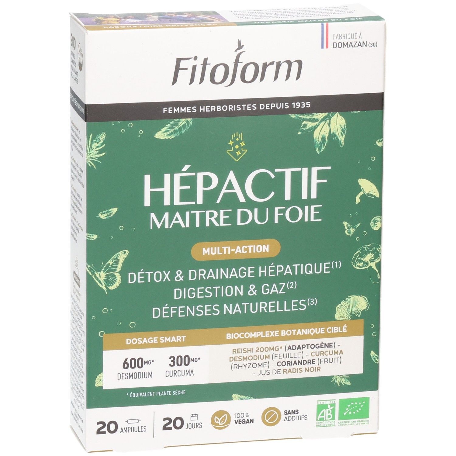 Boîte Fitoform Hepactif "Maître du Foie" soulignant "Multi-Action" pour le foie, la digestion et les défenses.