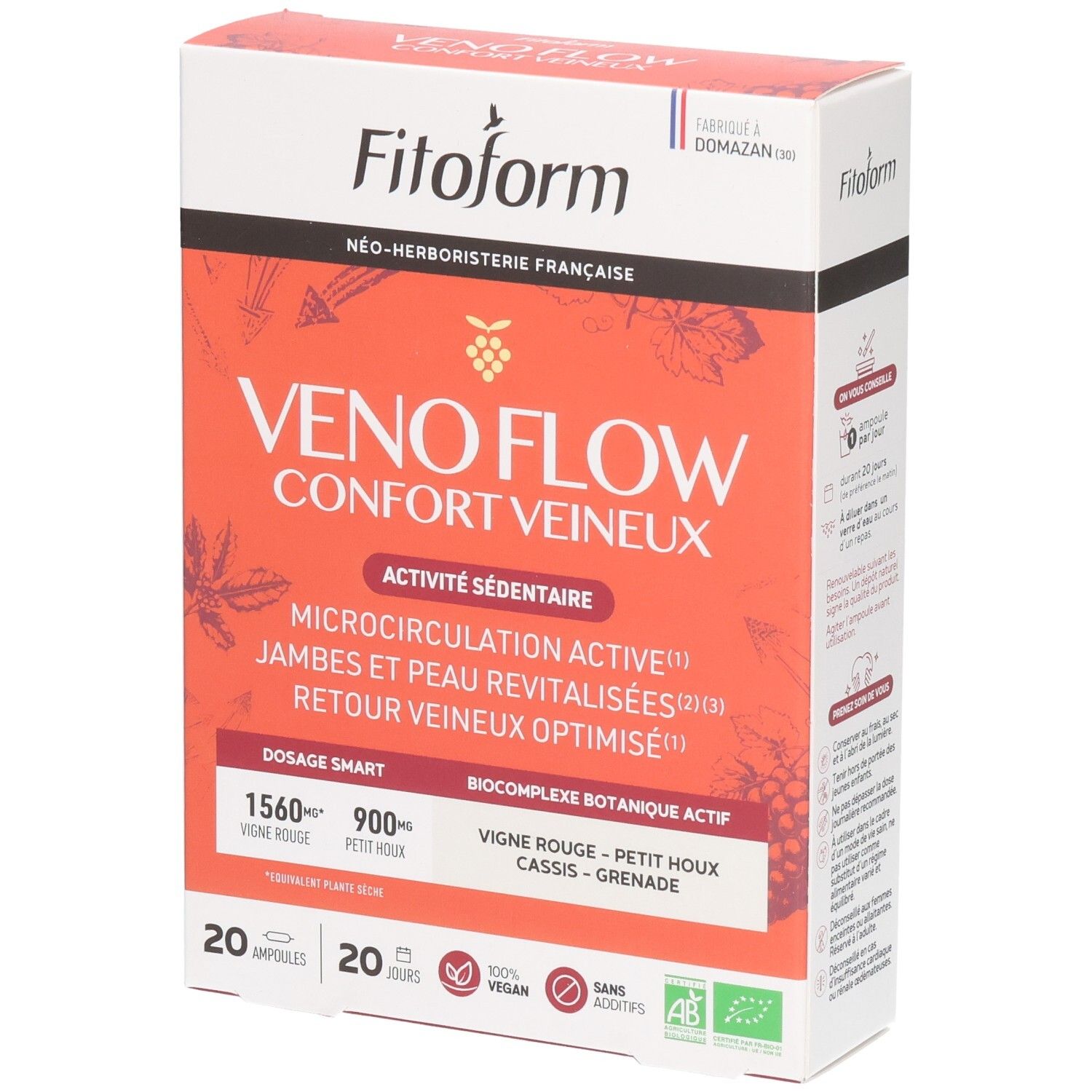 Boîte Fitoform Veno Flow avec motif de raisin, 20 ampoules.