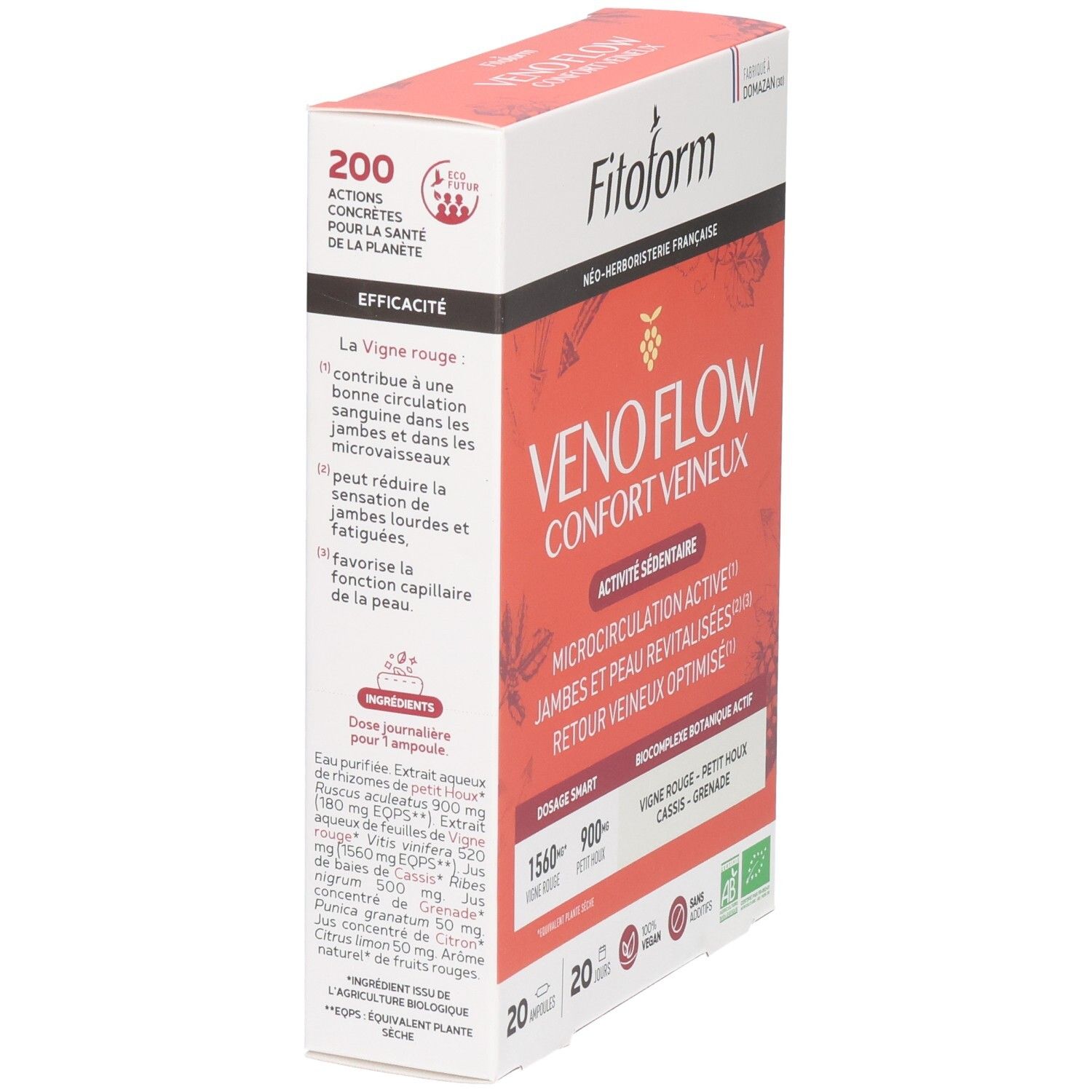 Boîte Fitoform Veno Flow, verso avec instructions d'utilisation et ingrédients.