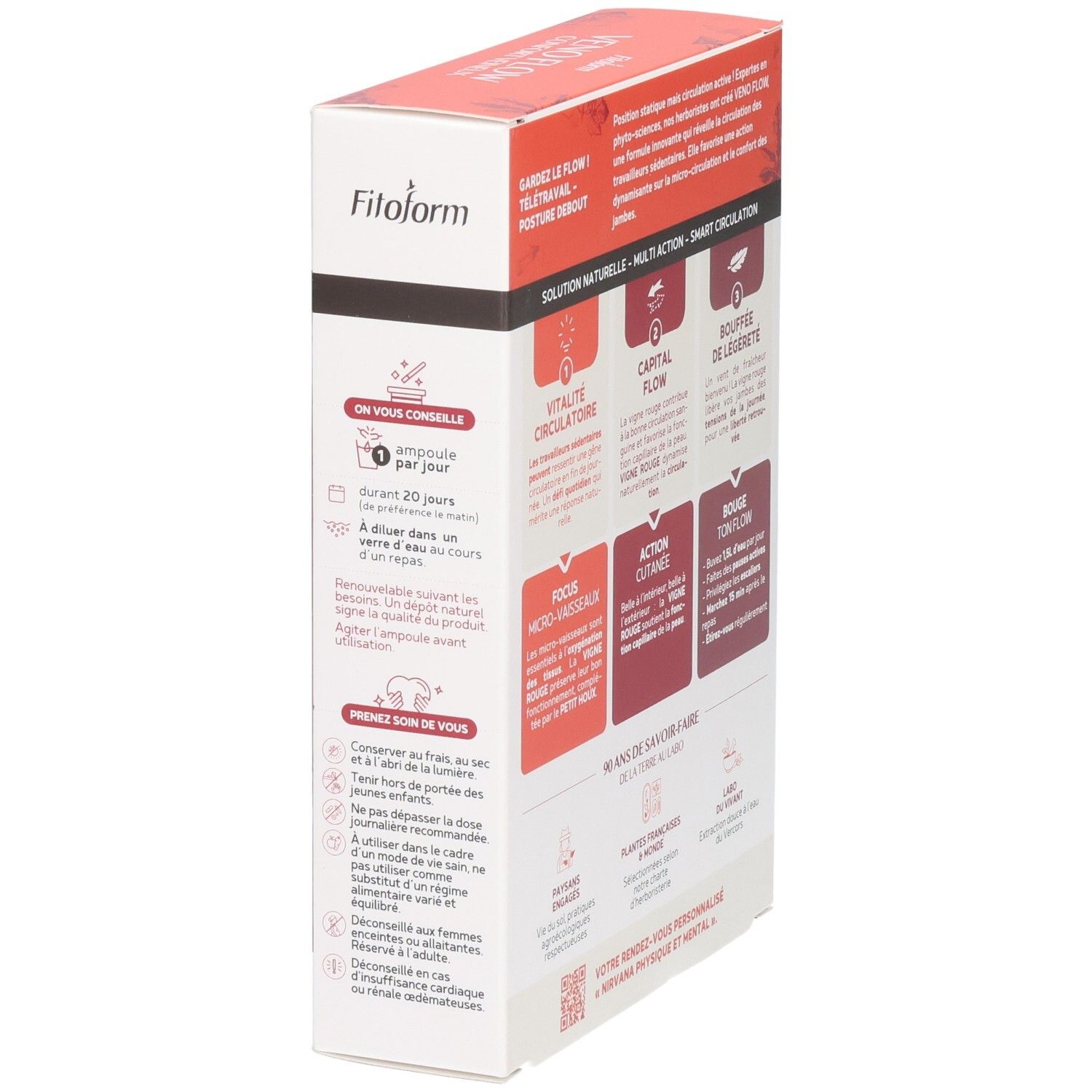 Boîte Fitoform Veno Flow, côté avec conseils de conservation et d'utilisation.