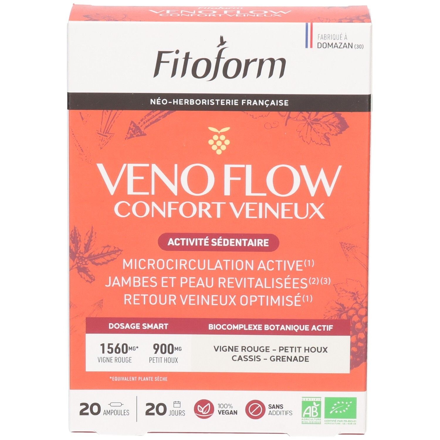 Boîte Fitoform Veno Flow, face avant avec nom du produit et motif de raisin.