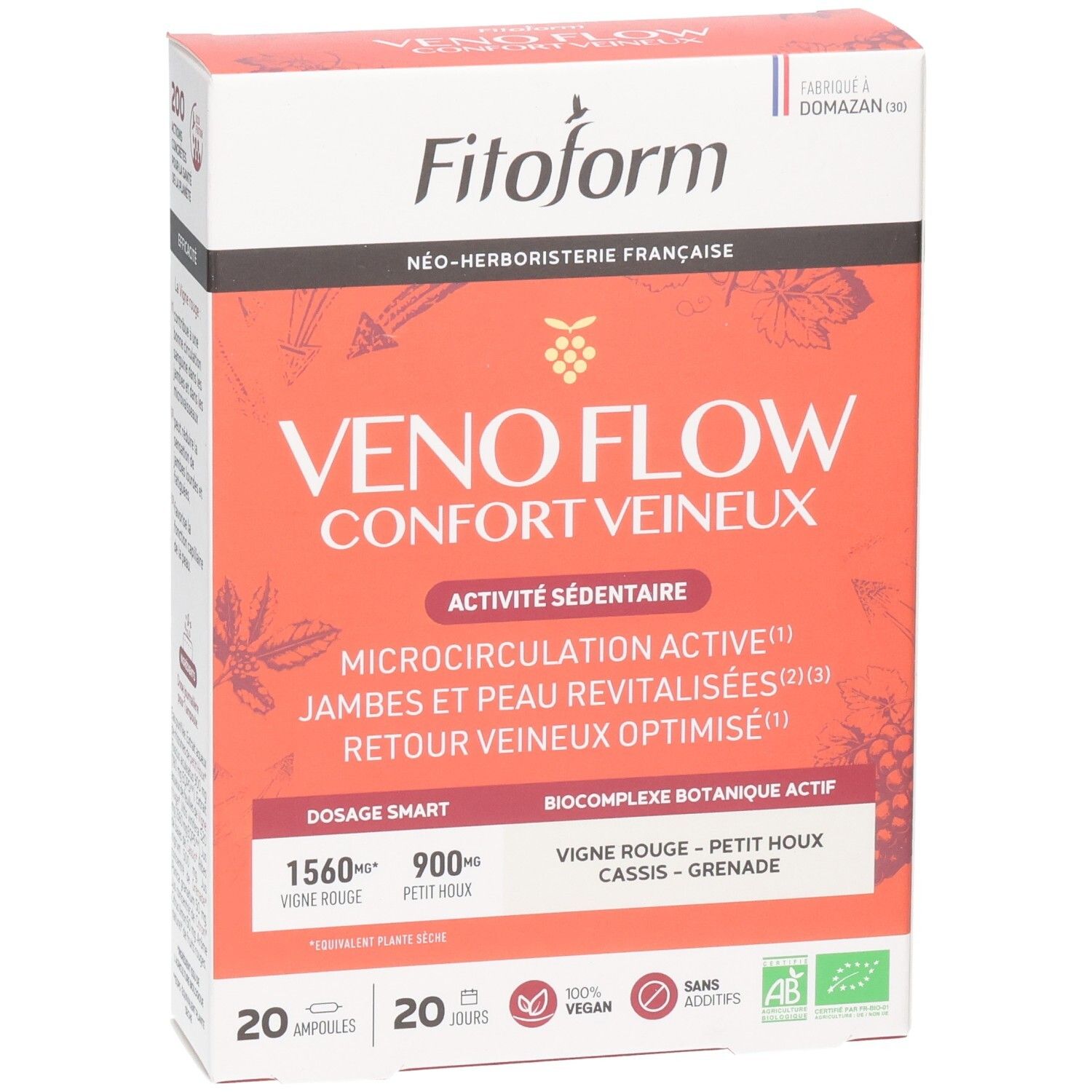 Boîte Fitoform Veno Flow, face avant avec nom du produit et motif de raisin.